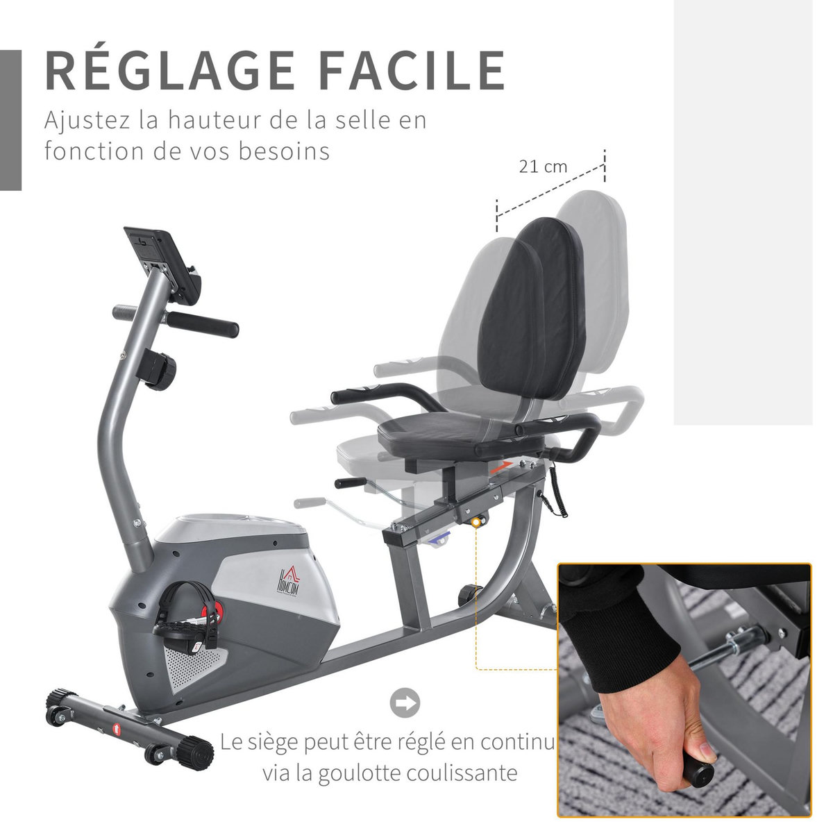 HOMCOM Vélo d'appartement semi-allongé magnétique écran LCD multifonction siège résistance réglable volant inertie 3 Kg gris