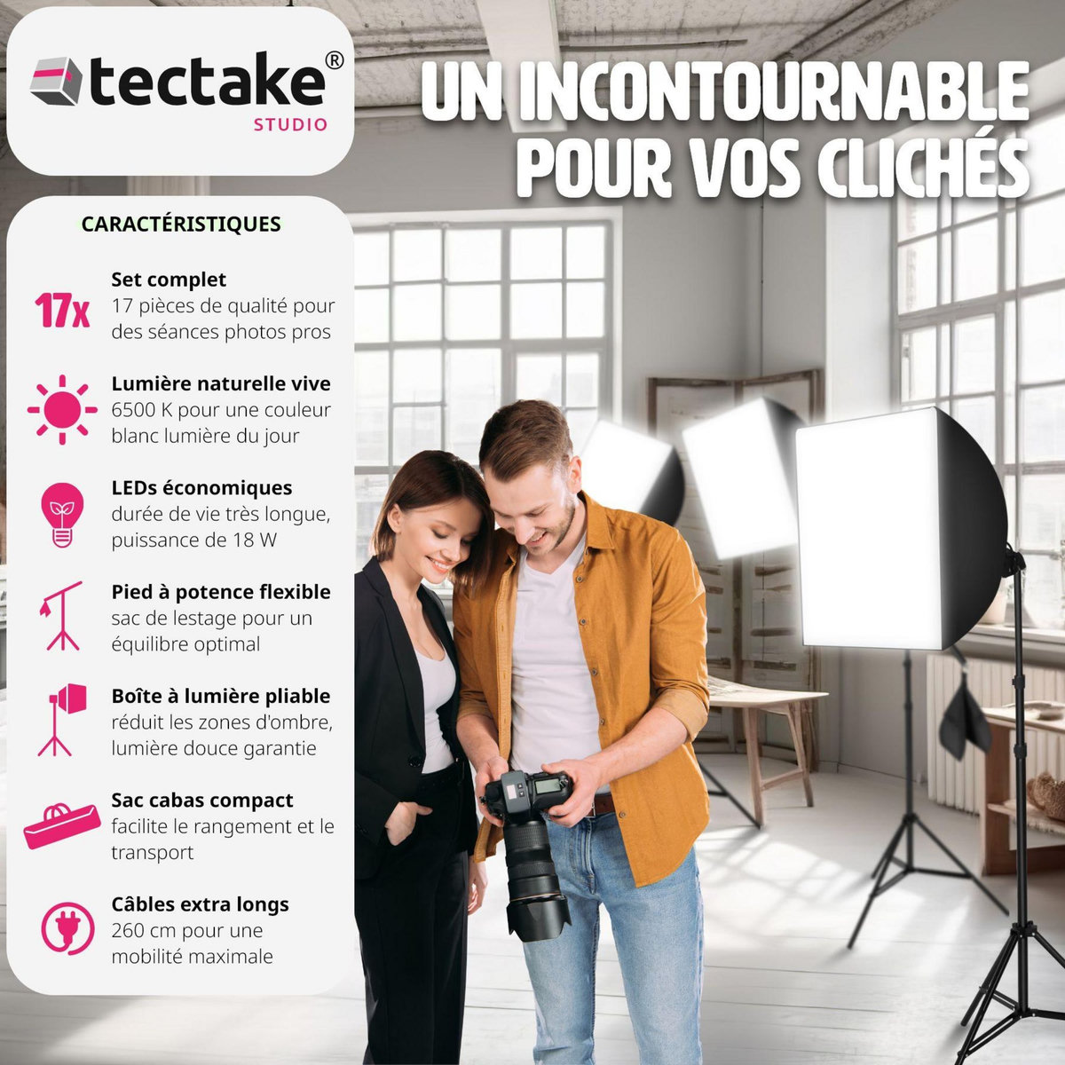 tectake Kit éclairage studio 3 Lampes + Softbox + Trépieds