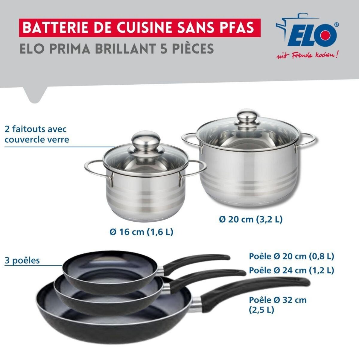ELO Ensemble de 3 Poêles de cuisson 20, 24 et 32 cm et 2 faitouts 16 et 20 cm Elo Prima Brillant