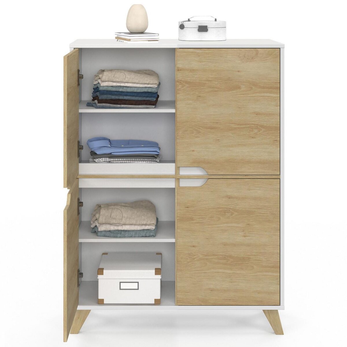 ID MARKET Meuble de rangement 4 portes HELSINKI scandinave blanc et bois