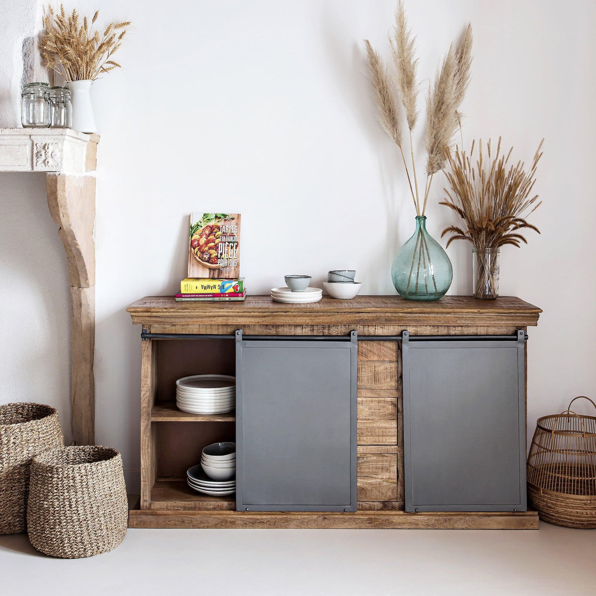 Rendez vous déco Buffet en bois 3 tiroirs 2 portes coulissantes en métal-Tabuk