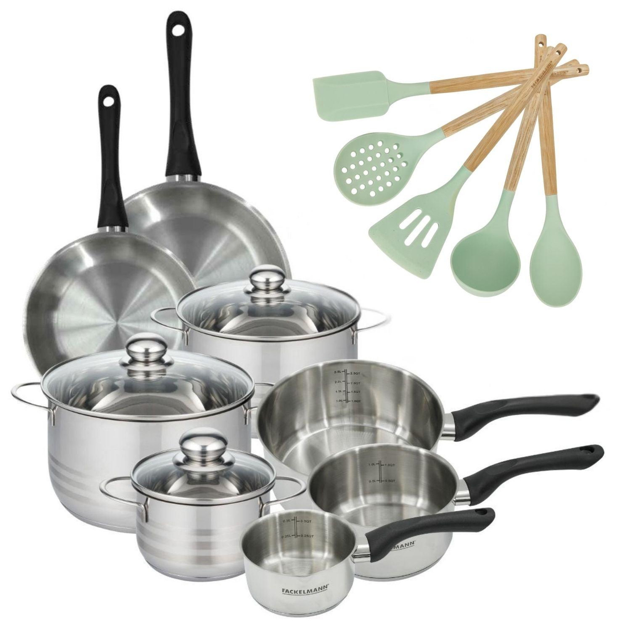 Fackelmann Batterie de 2 poêles 20/24 cm 3 faitouts 16/20/24 cm et 3 casseroles 12/16/20 cm et 5 ustensiles fackelmann geneva