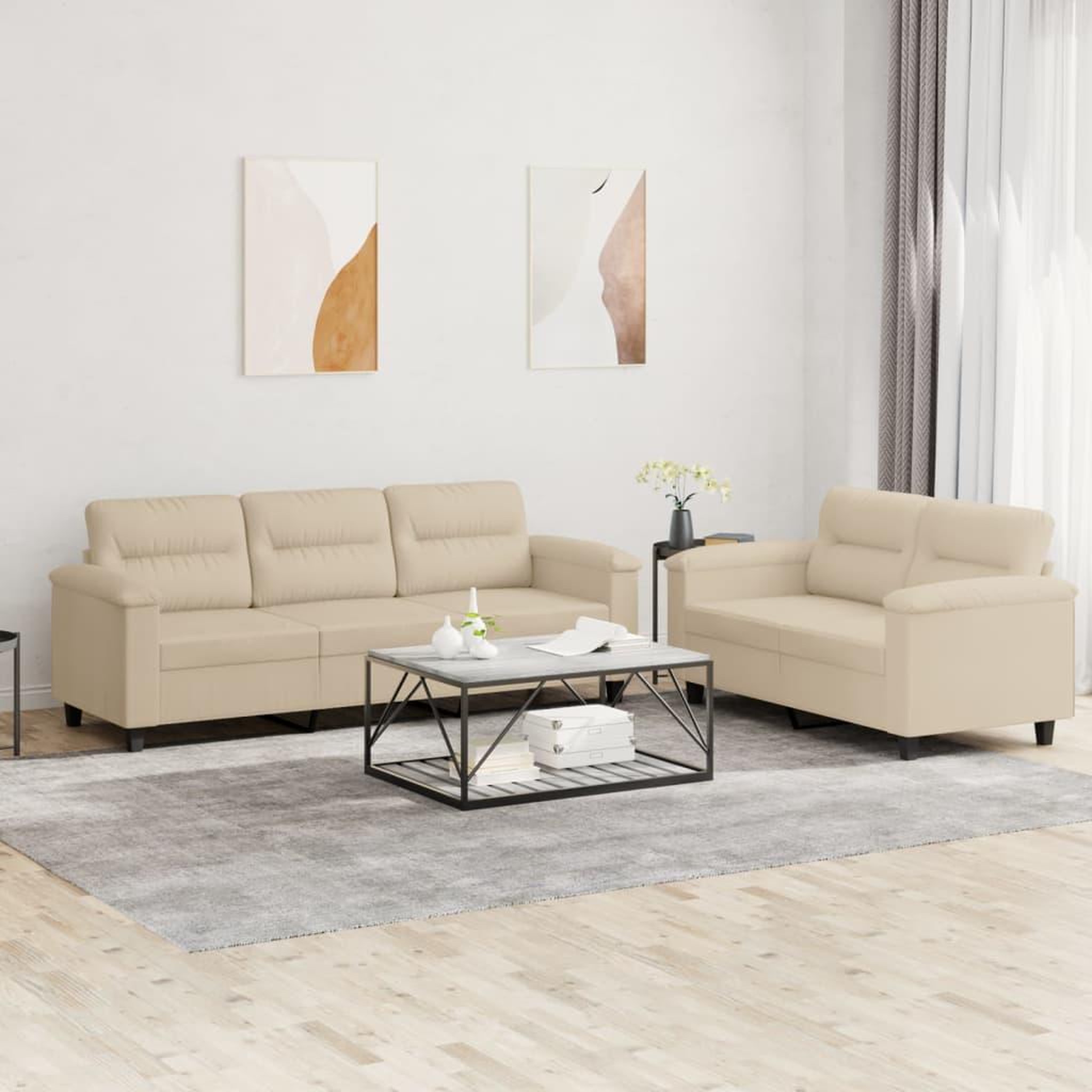 Voir la diapositive 1 : VIDAXL Ensemble de canapes 2 pcs avec coussins creme tissu microfibre