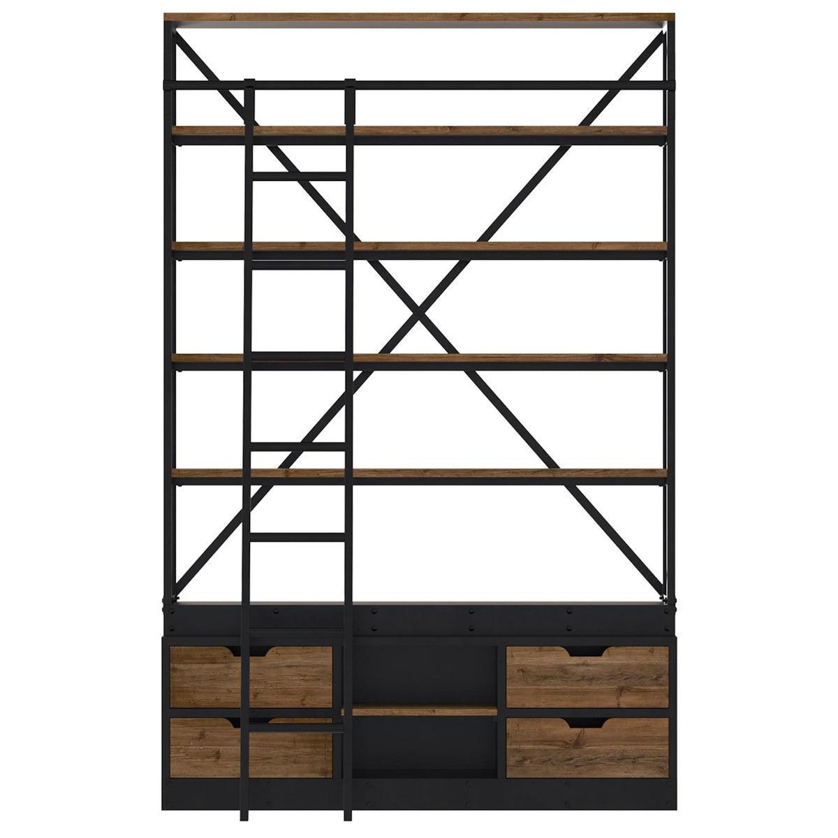 MAISON PAVANE Bibliothèque 160 cm en bois et métal avec échelle, 4 tiroirs-Kasi