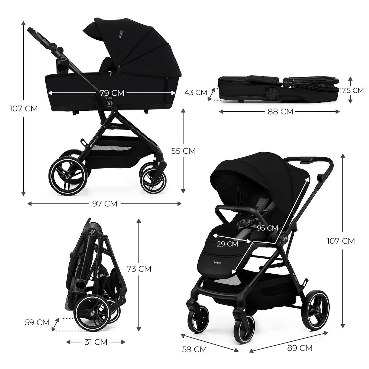 KINDERKRAFT Poussette 2 en 1 avec nacelle YOXI, roues anti-crevaison et accessoires