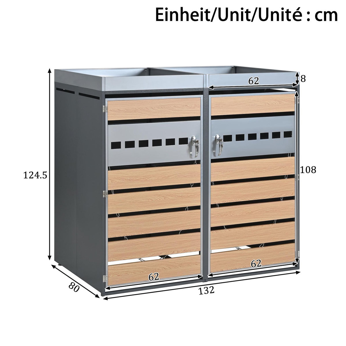 MERAX Cache Poubelle Extérieur 2 Bacs avec Bac à Plantes, Gris