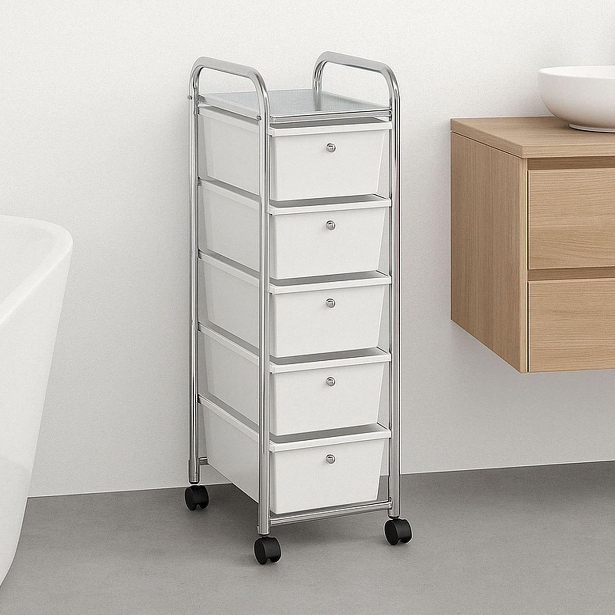 IDIMEX Caisson sur roulettes GINA, en métal chromé avec 5 tiroirs en plastique blanc