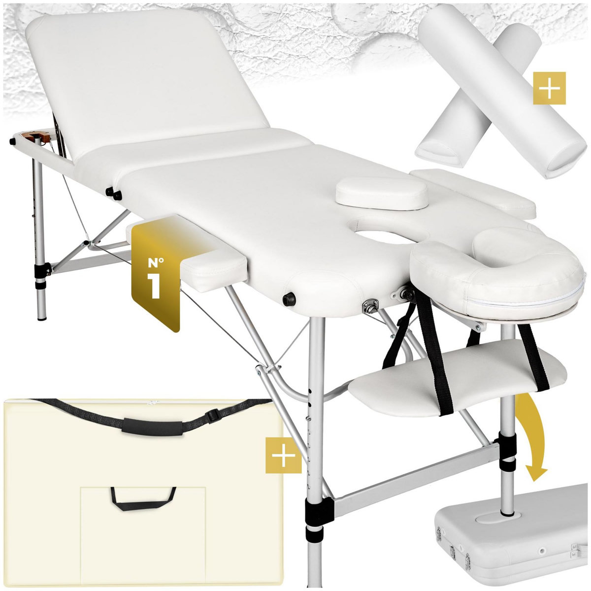 tectake Table de massage portable pliante à 3 zones largeur 60 cm et rembourrage de 5 cm blanc