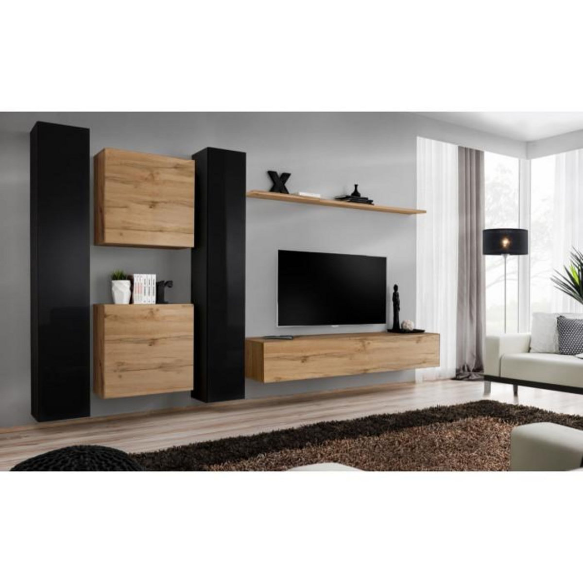 Paris Prix Meuble TV Mural Design  Switch VI  330cm Noir & Naturel