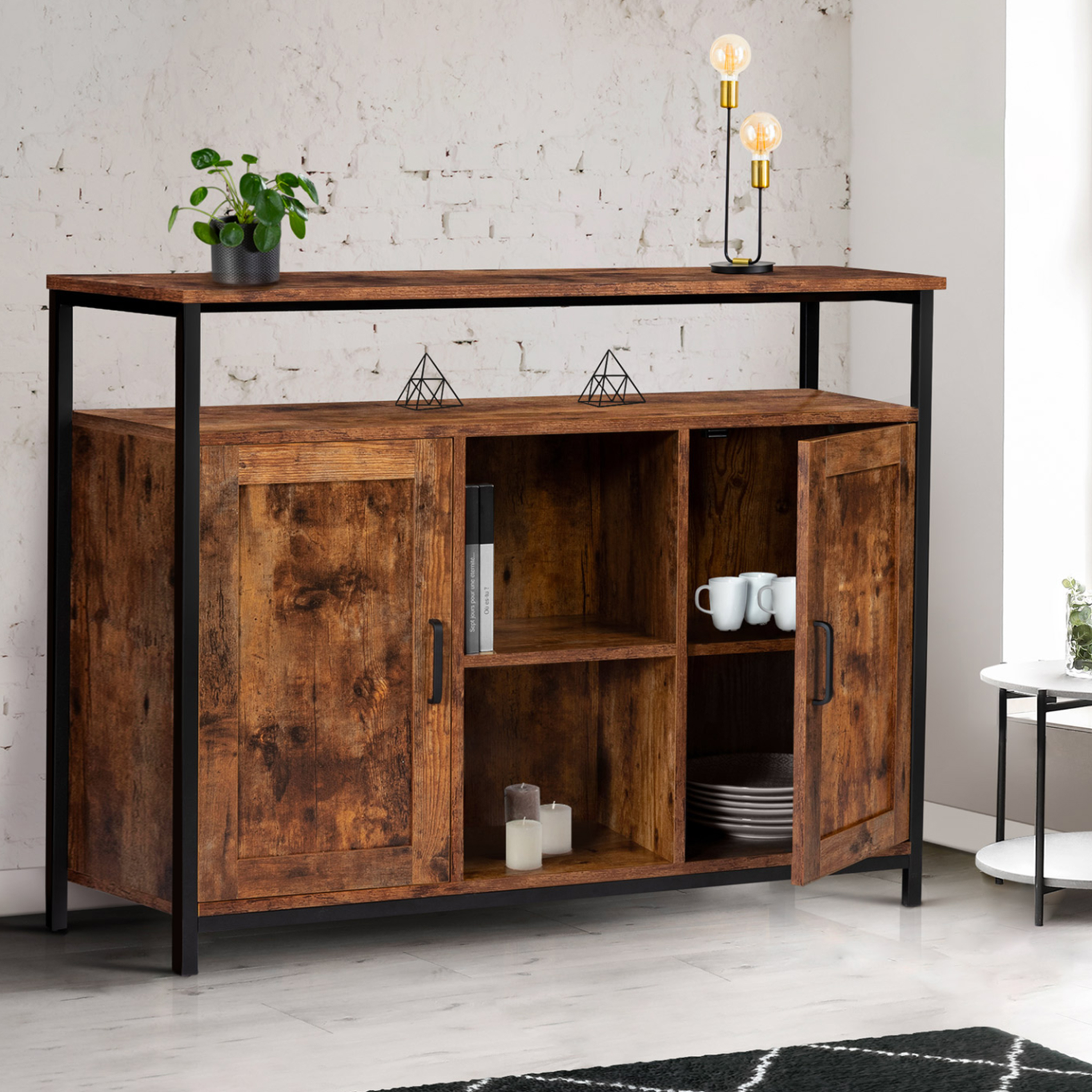 Voir la diapositive 4 : ID MARKET Buffet 100 cm dayton  2 portes avec étagères effet vieilli design industriel