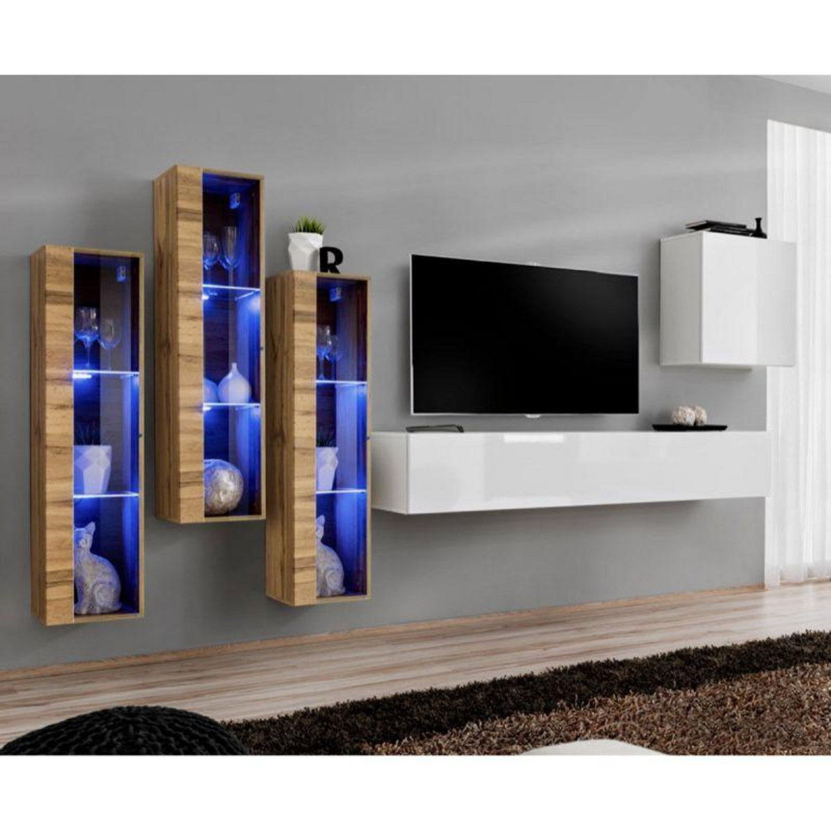 Paris Prix Meuble TV Mural Design  Switch XIII  330cm Blanc & Naturel