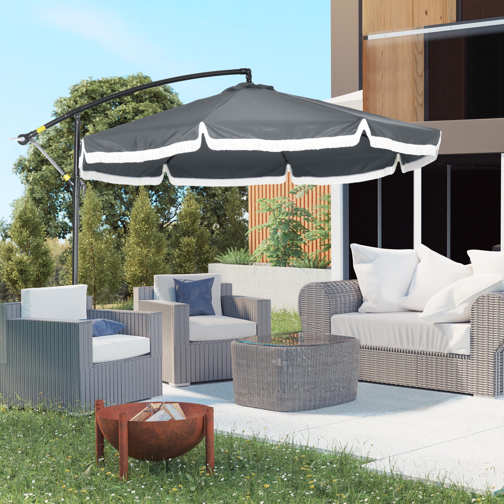Voir la diapositive 2 : OUTSUNNY Parasol déporté grande taille dim. Ø2,95 x 2,6H m manivelle pied en croix 8 baleines gris