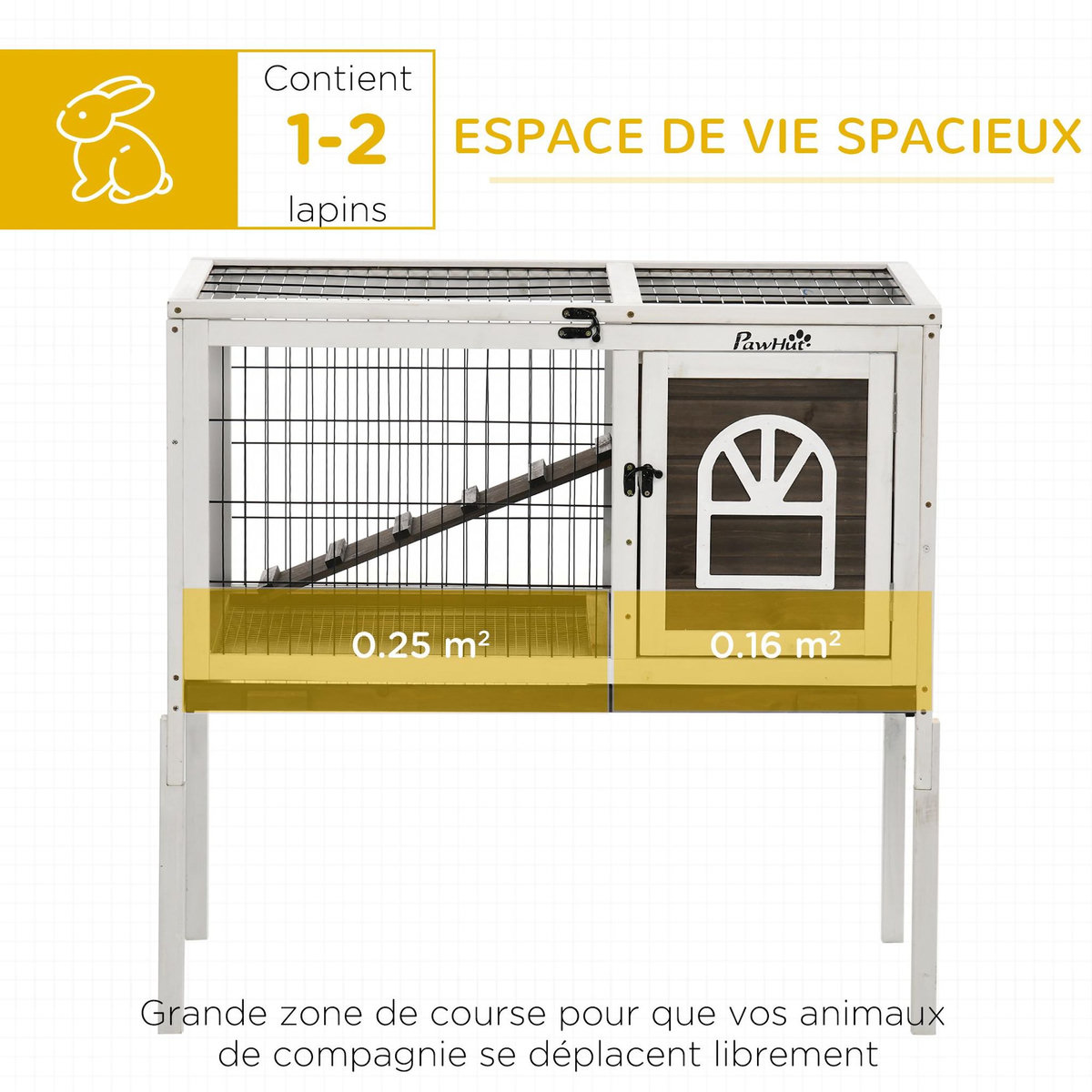 PAWHUT Clapier cage à lapin - 2 portes verrouillables, toit ouvrant, plateau excrément - bois foncé blanc