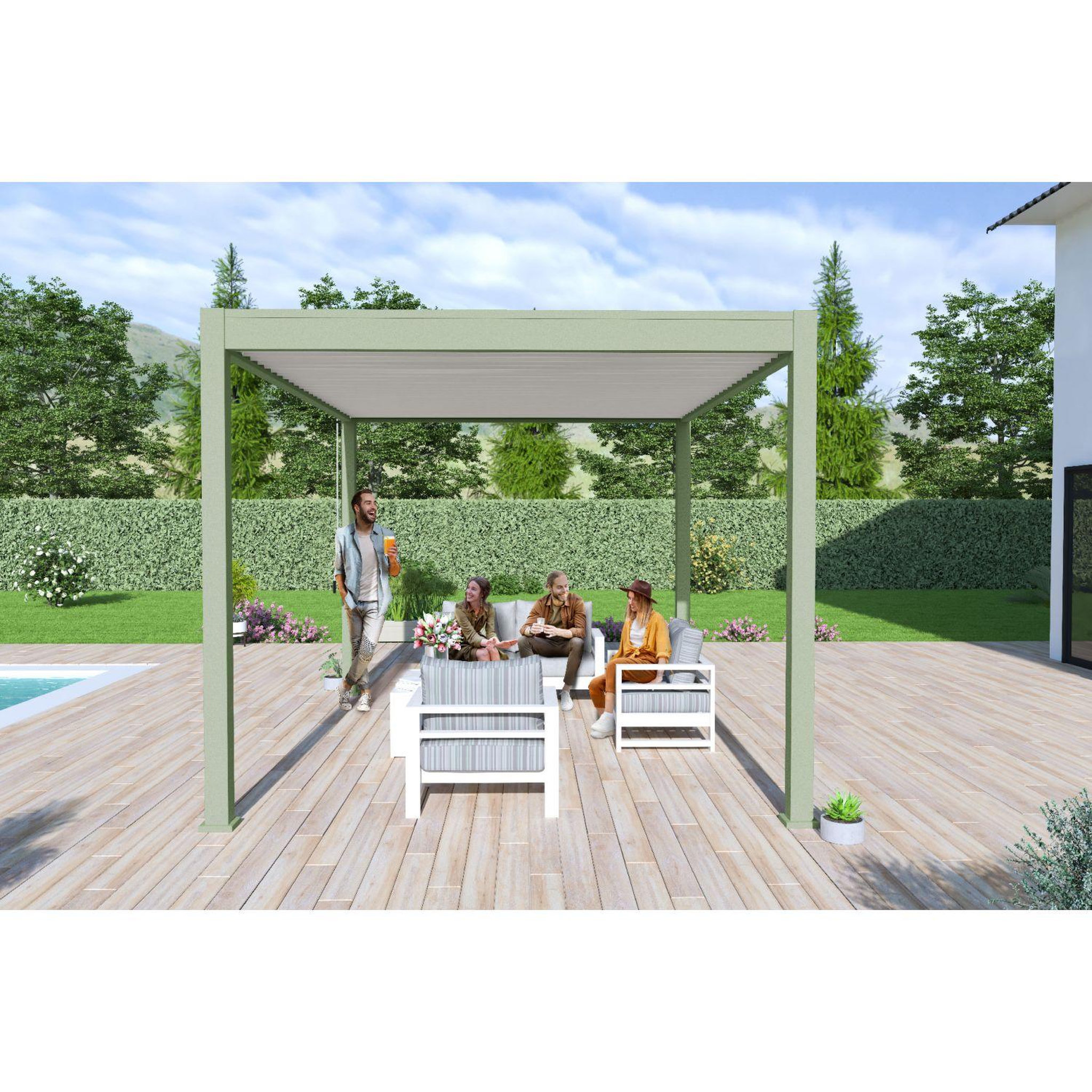 Voir la diapositive 5 : Pergola Bioclimatique autoportée 3x4 m - Aluminium - Vert jade/blanc - VS OmBREA®