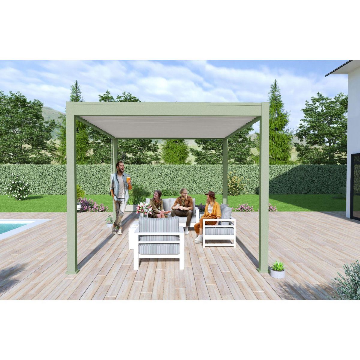 Pergola Bioclimatique autoportée 3x4 m - Aluminium - Vert jade/blanc - VS OmBREA®