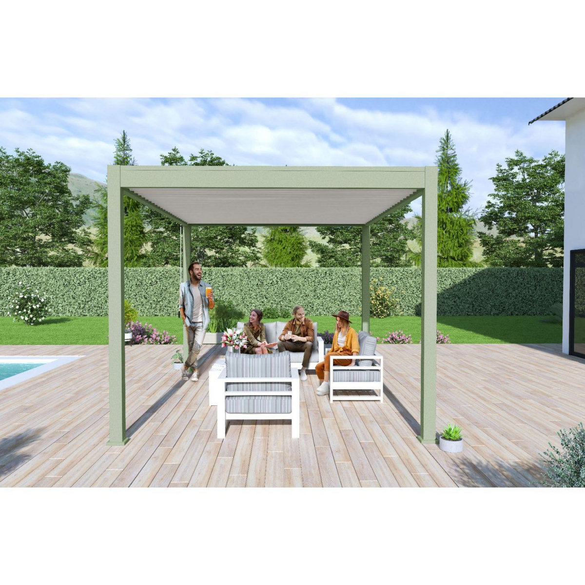 Pergola Bioclimatique autoportée 3x4 m - Aluminium - Vert jade/blanc - VS OmBREA®