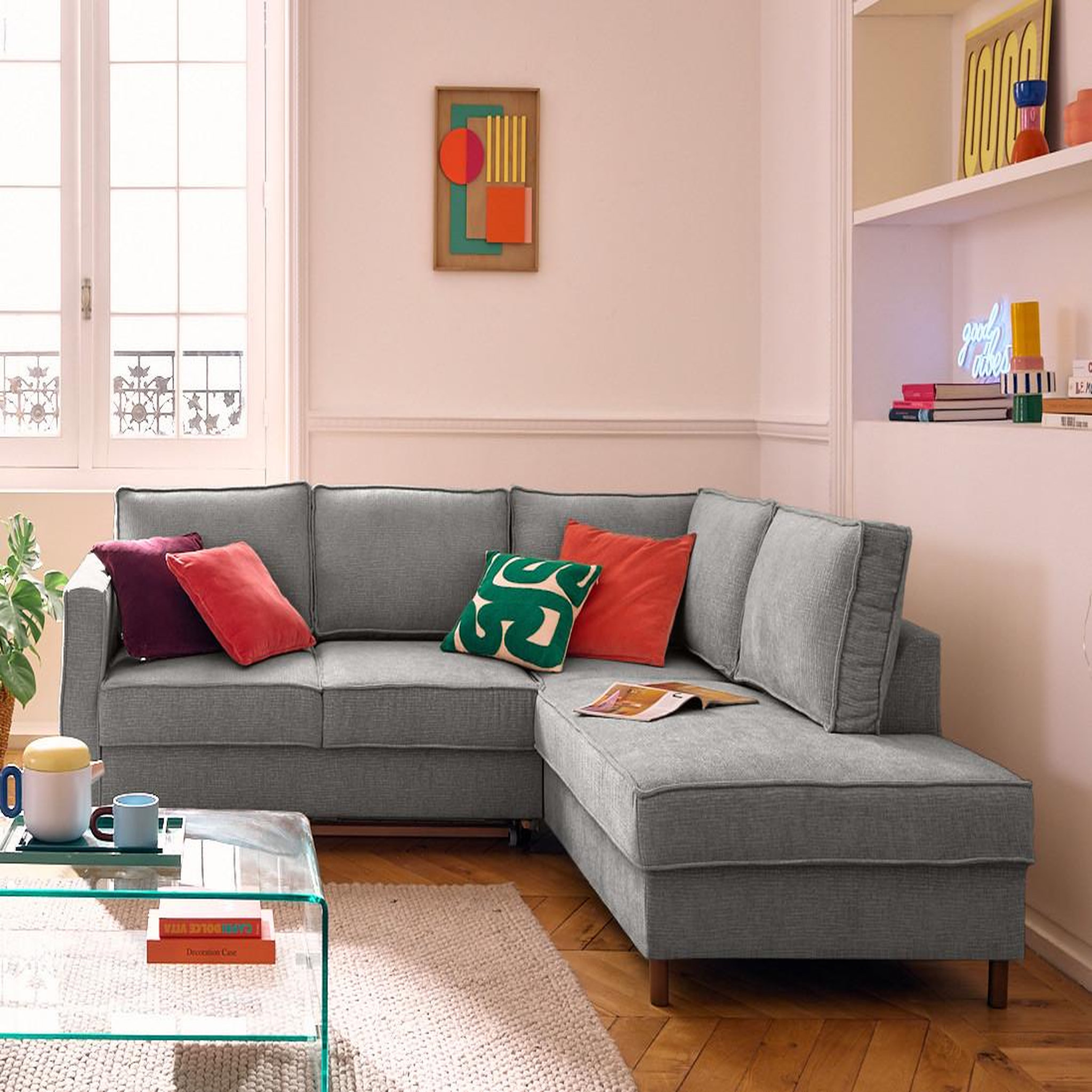 Voir la diapositive 1 : LISA DESIGN Jake - canapé d'angle droit 5 places convertible en tissu velours relief