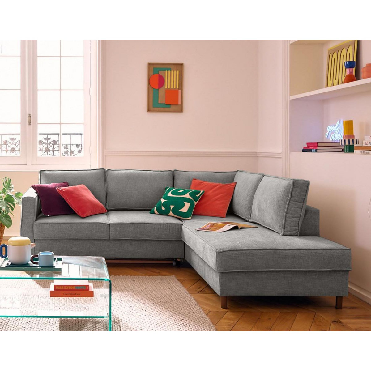 LISA DESIGN Jake - canapé d'angle droit 5 places convertible en tissu velours relief