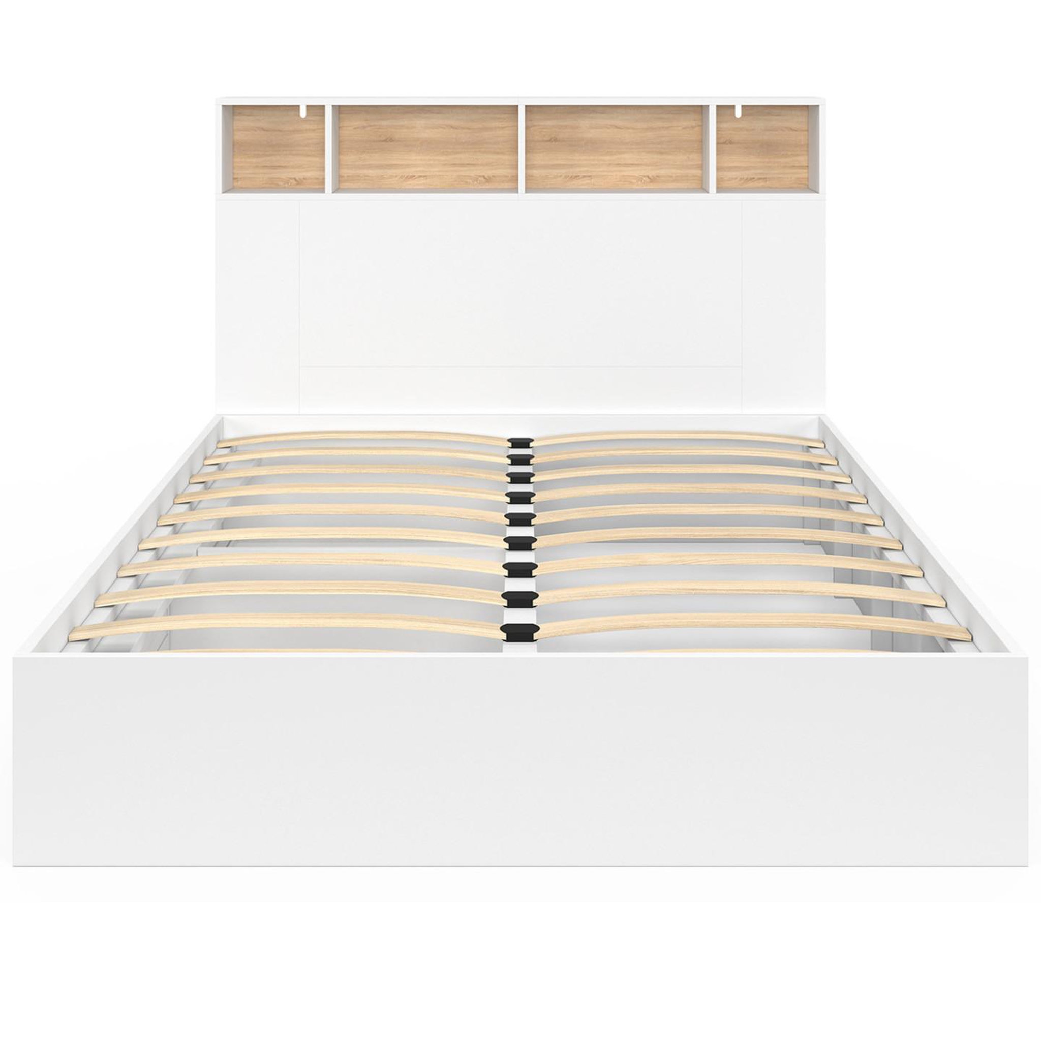 Voir la diapositive 3 : ID MARKET Lit double clem avec tête de lit, rangements et sommier 140 x 190 cm blanc