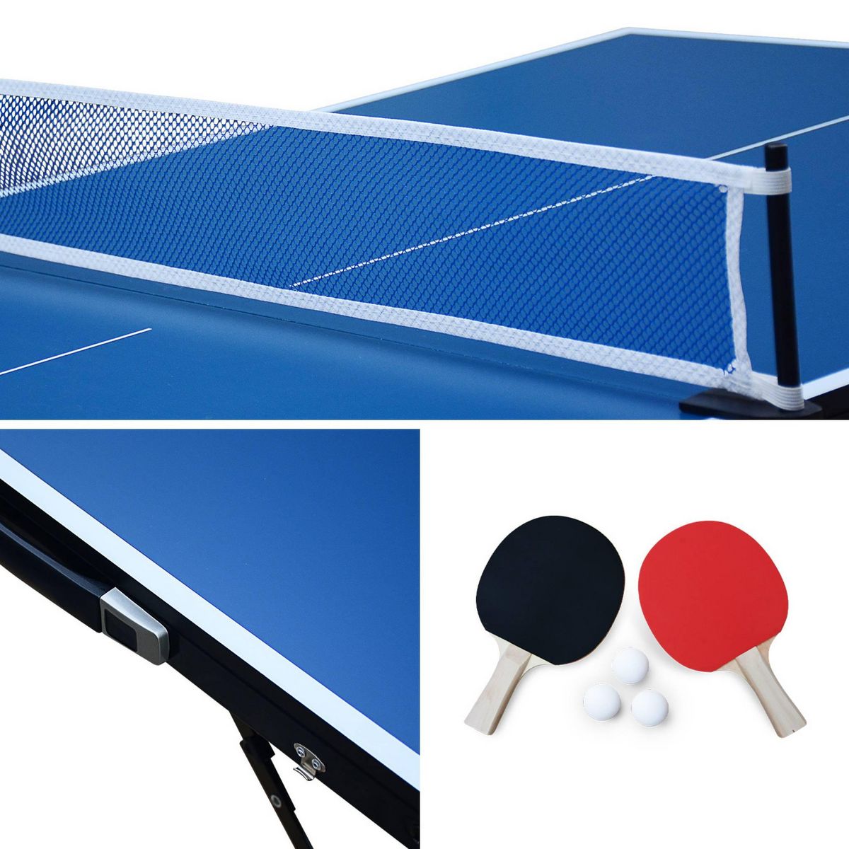 SWEEEK Mini table de ping pong 150x75cm - table pliable INDOOR bleue. avec 4 raquettes et 6 balles. valise de jeu pour utilisation intérieure. sport tennis de table