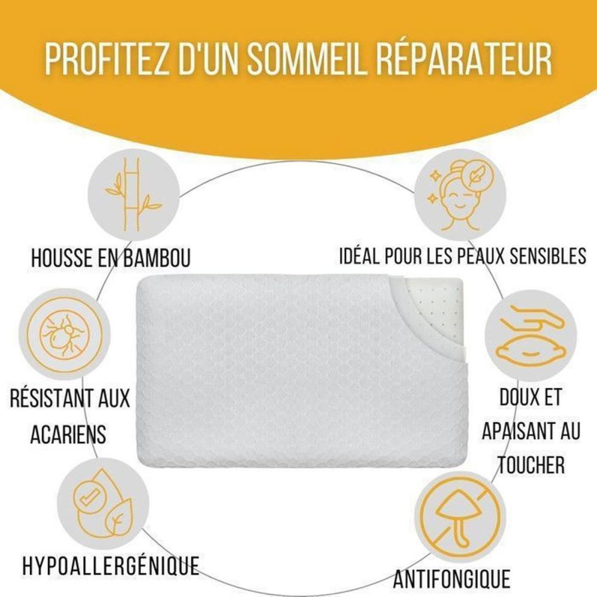 Voir la diapositive 5 : Oreiller extra plat en mousse à mémoire de forme pour dormeurs sur le ventre 58x38x7 cm, housse en bambou respirante