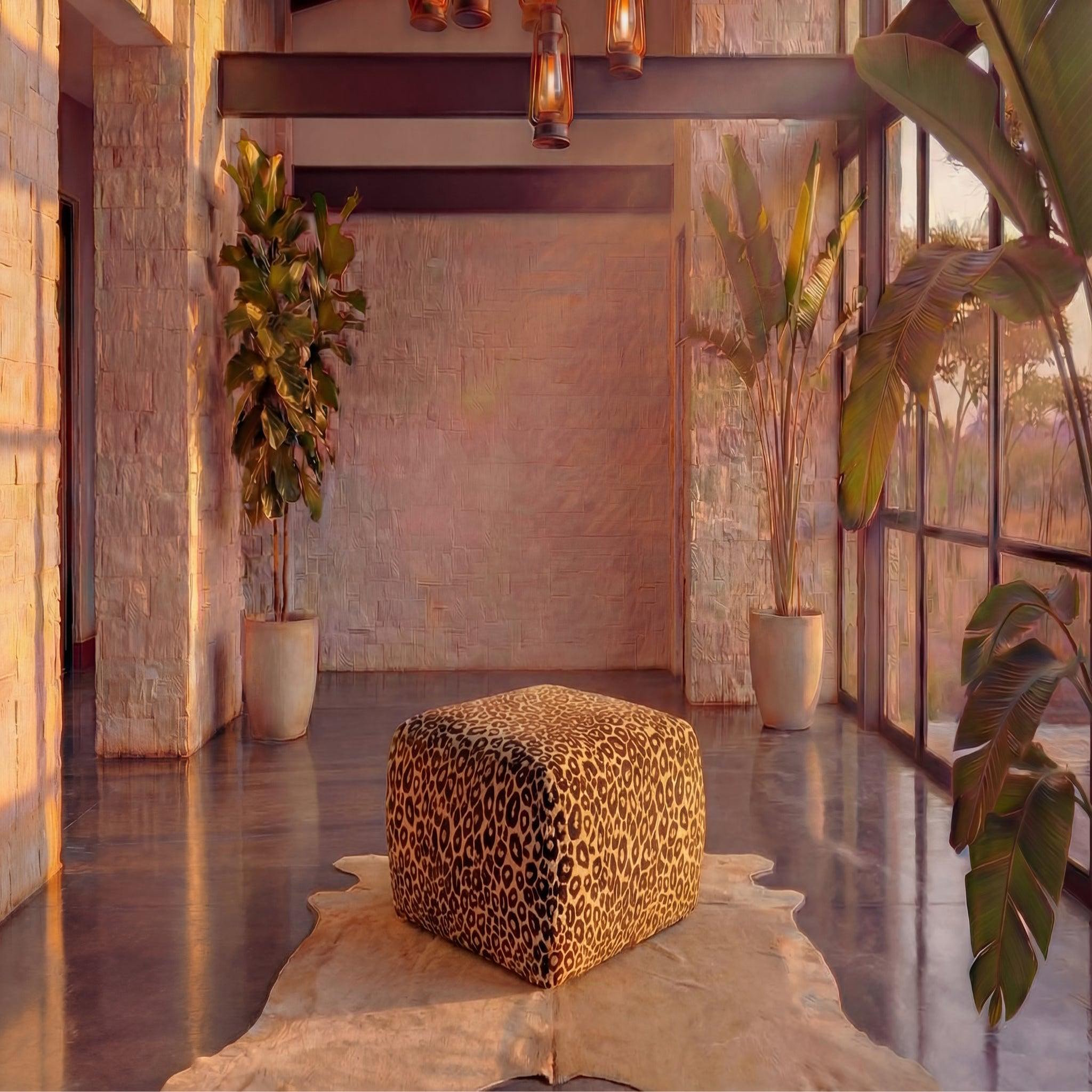 Voir la diapositive 2 : CASANOVA PARIS Elio - pouf en tissu imprimé animalier beige 74x74x41