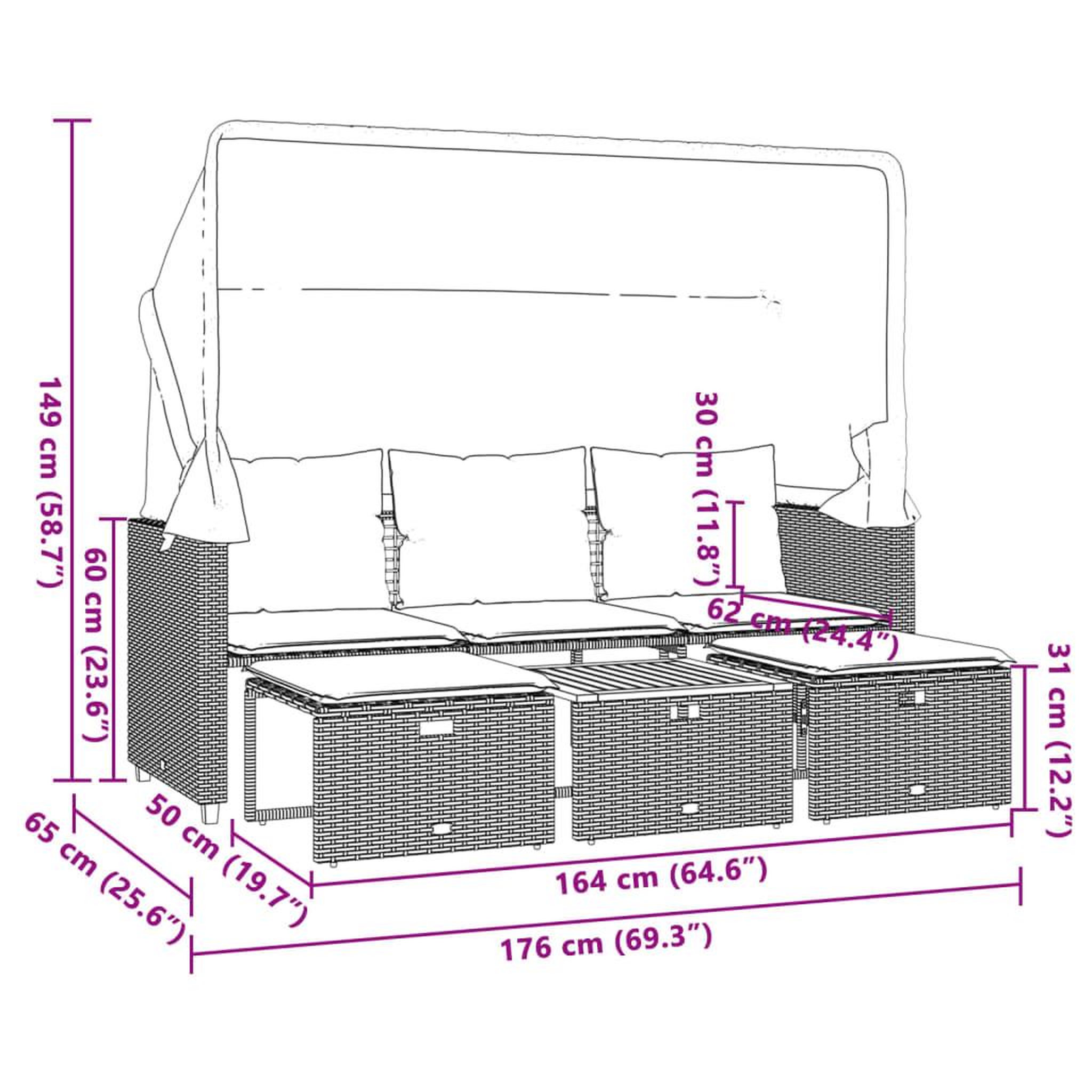 Voir la diapositive 6 : VIDAXL Canape de jardin 3 places avec auvent et tabourets noir rotin