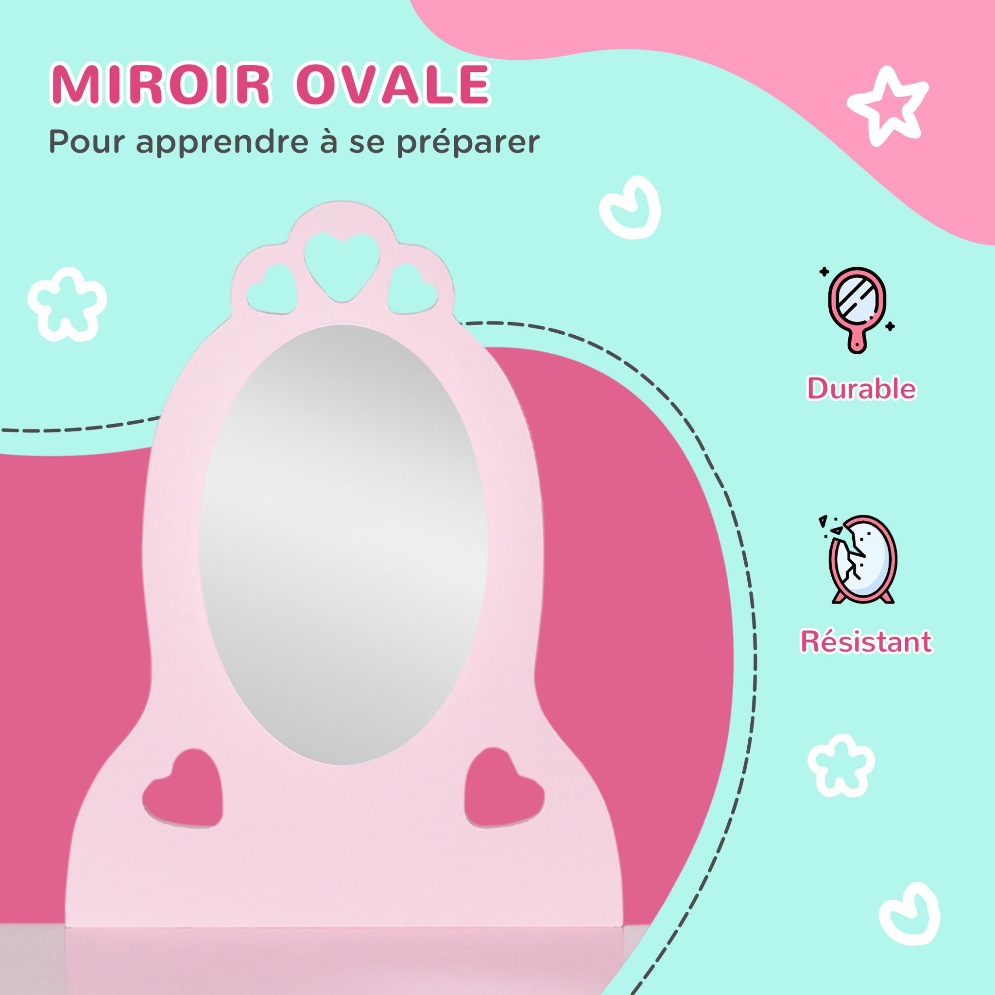 Voir la diapositive 6 : HOMCOM Coiffeuse enfant design girly avec motifs à coeur - tabouret inclus - dim. 60L x 36l x 88H cm - tiroir, miroir - MDF - rose
