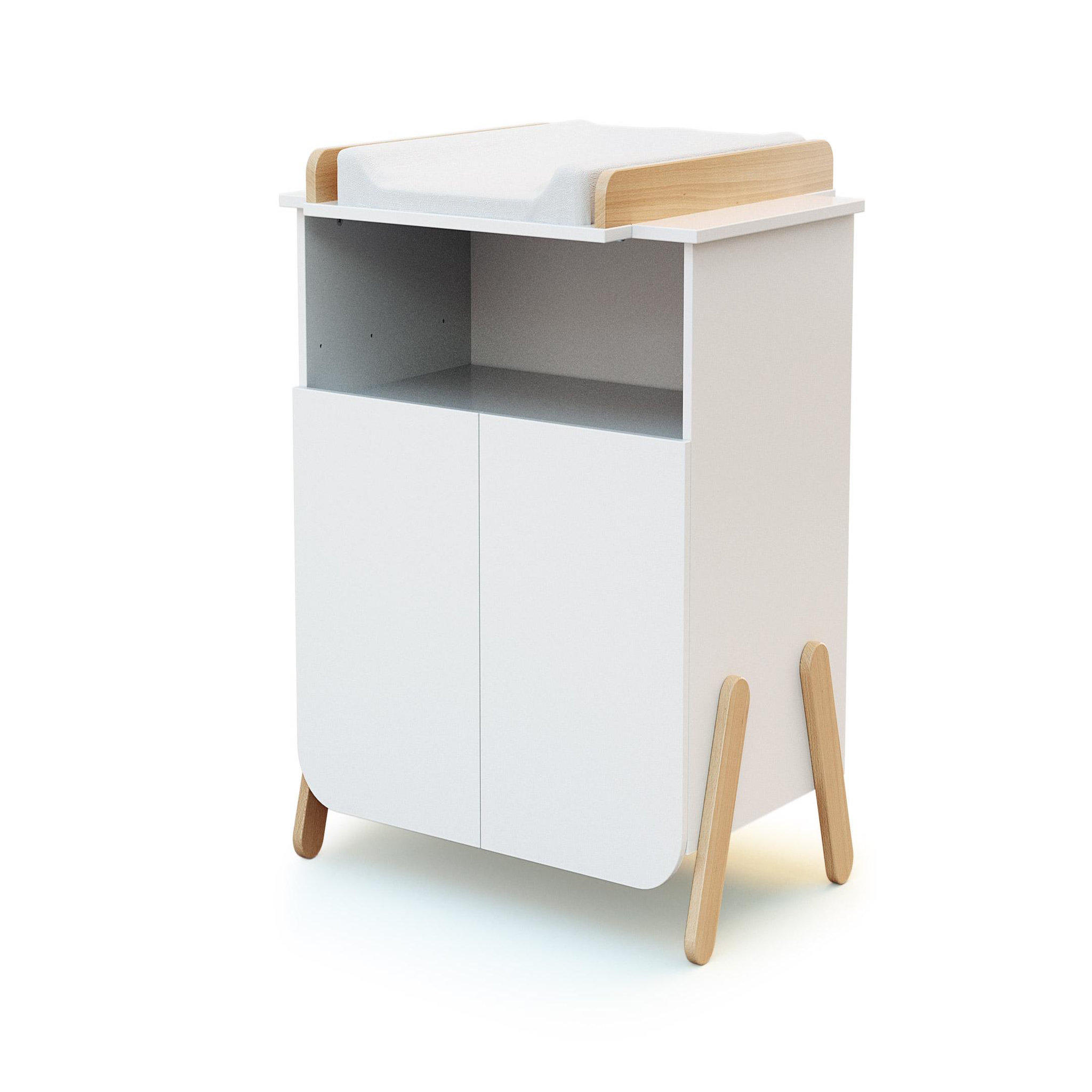 AT4 Meuble à langer 2 portes, 1 niche en bois pirate blanc et hêtre
