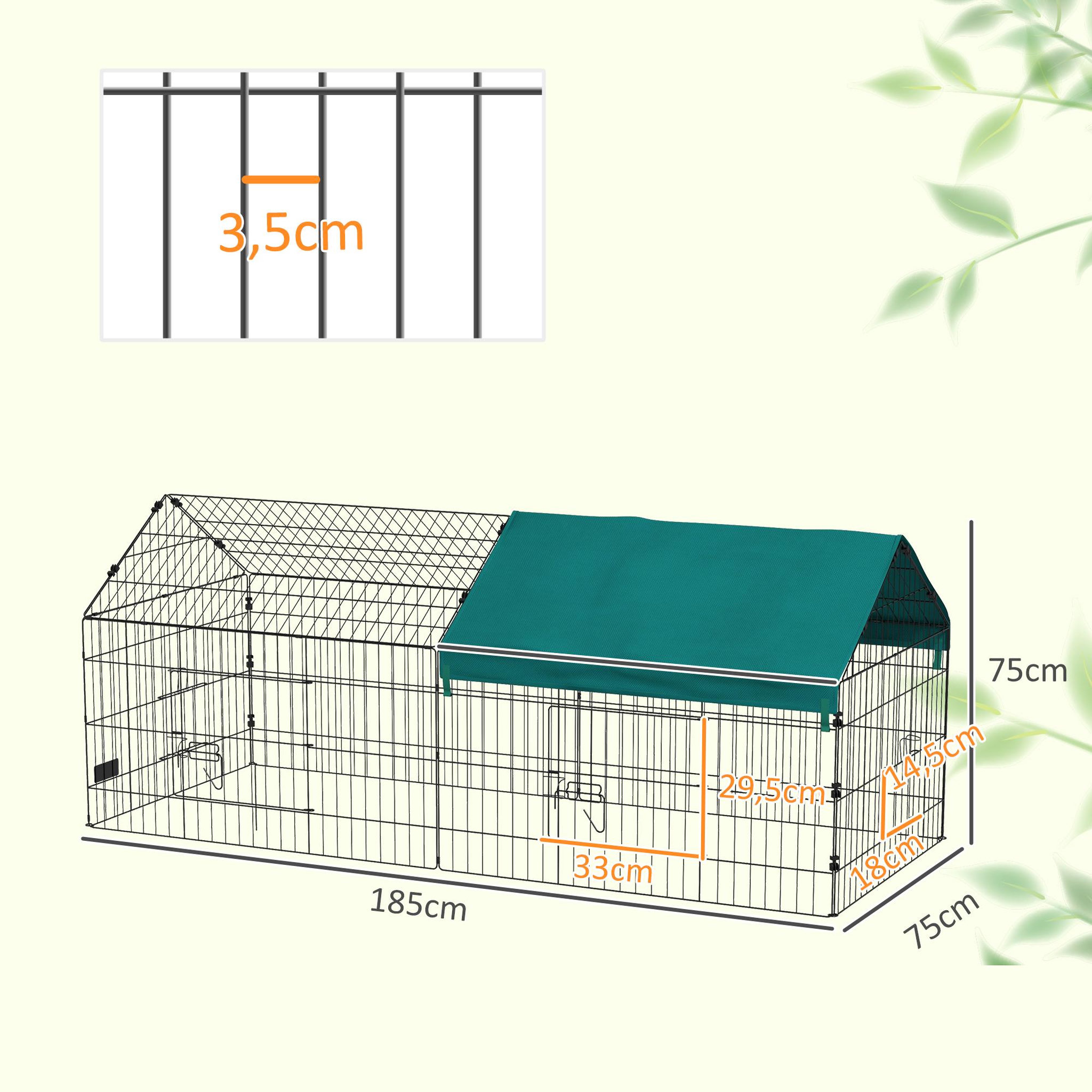 Voir la diapositive 3 : PAWHUT Parc enclos petits animaux - 2 portes, 2 trappes nourrissages, zone couverte - acier noir polyester vert