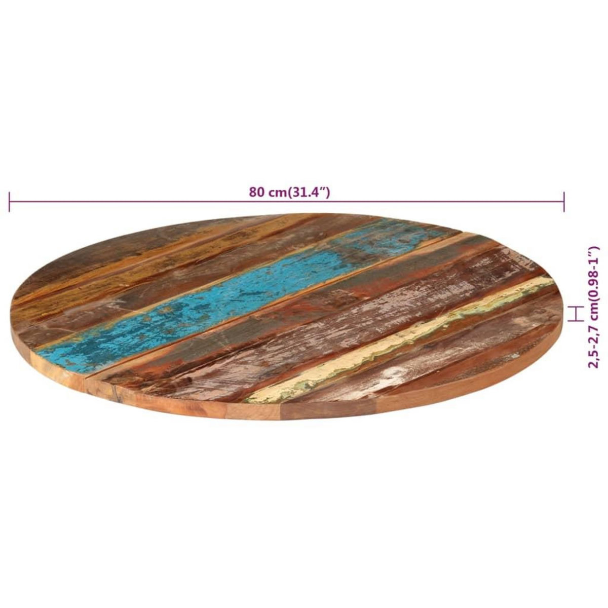 VIDAXL Dessus de table rond 80 cm 25-27 mm Bois de recuperation solide
