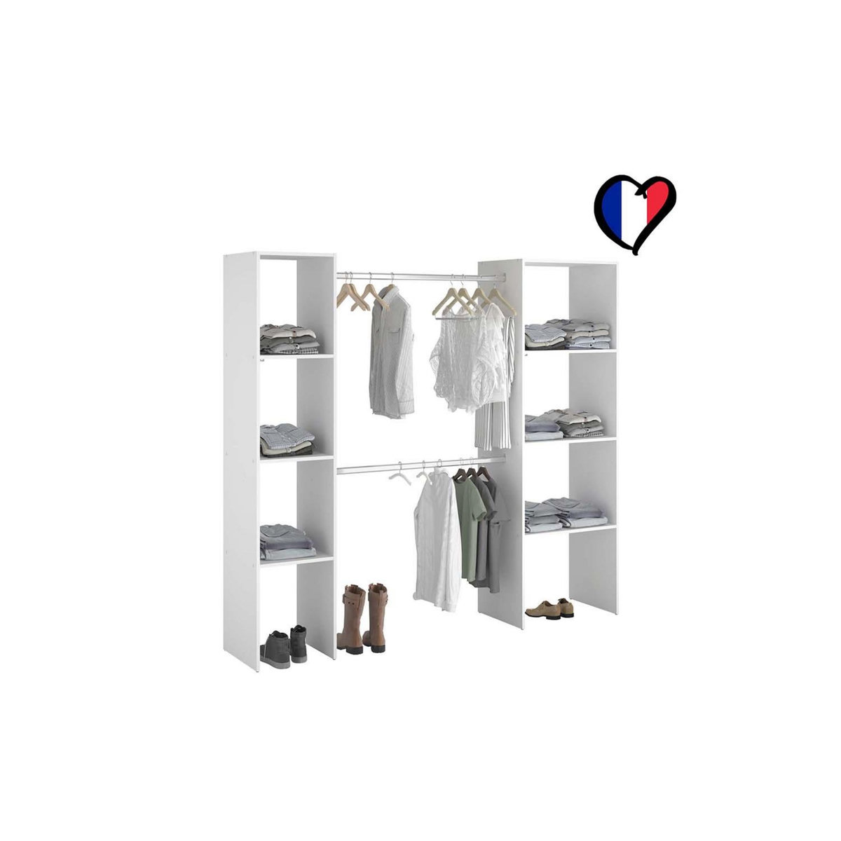 CONCEPT USINE Dressing blanc 6 étagères, 2 penderies 198 x 40 x 180 cm ELYSEE