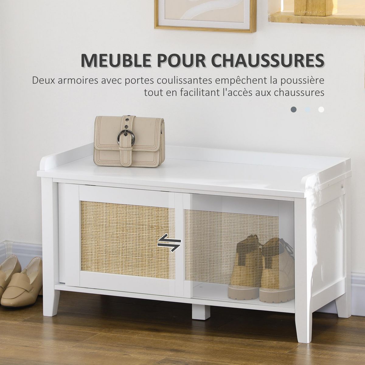 HOMCOM Meuble chaussures banc à chaussures 2 en 1 style bohème chic 2 portes coulissantes - MDF blanc cannage rotin