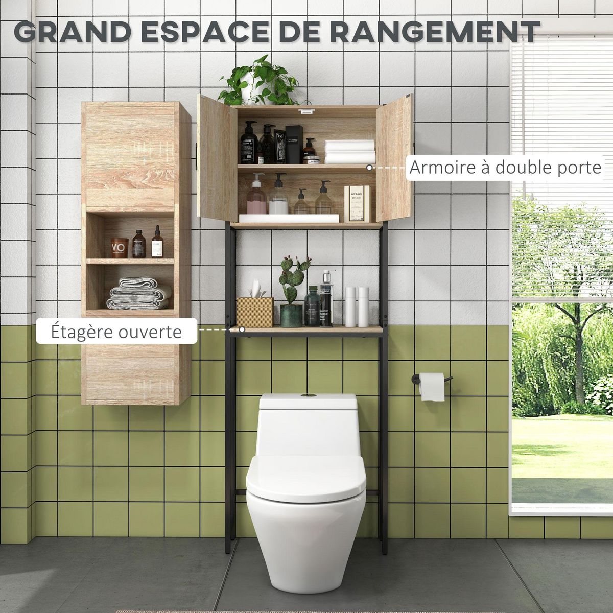 KLEANKIN Meuble WC meuble dessus toilettes style industriel 2 portes 2 étagères acier noir aspect chêne clair