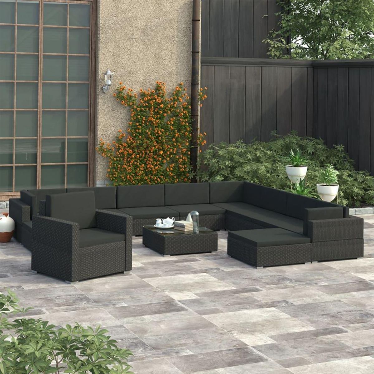 VIDAXL Salon de jardin 12 pcs avec coussins resine tressee noir