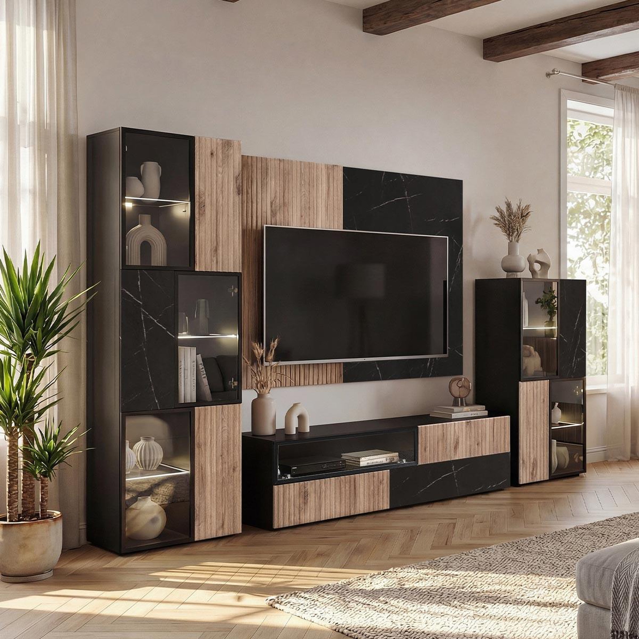 Paris Prix Ensemble meuble tv mural  cannes ii  300cm noir & naturel