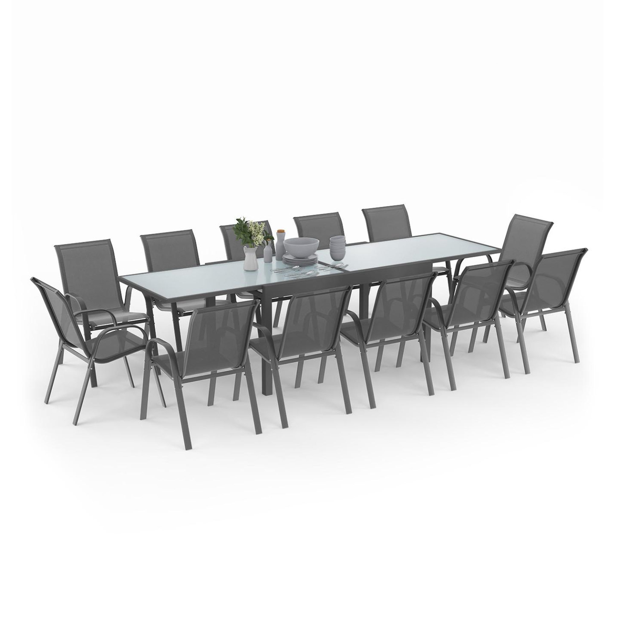 ID MARKET Salon de jardin madrid table extensible 135-270 cm et 12 chaises empilables gris anthracite