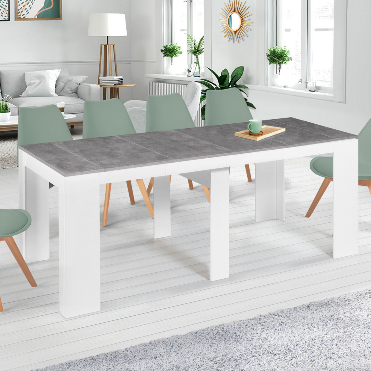 ID MARKET Table console extensible ORLANDO 10 personnes 235 cm bois blanc et effet  béton
