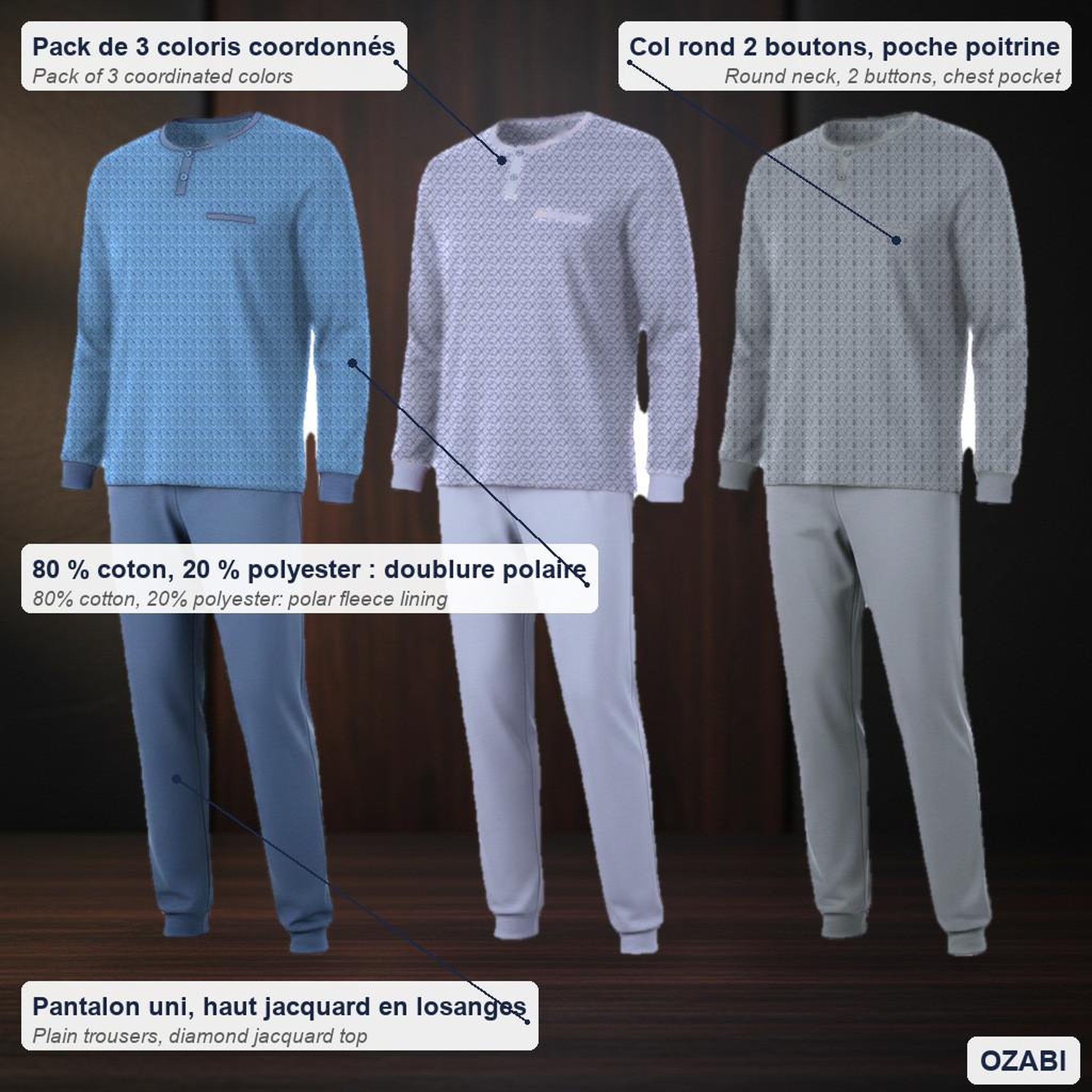 Voir la diapositive 5 : OZABI OZABI Pyjama Homme Long Pack de 3, Coton Doublé Polaire, Col Boutonné