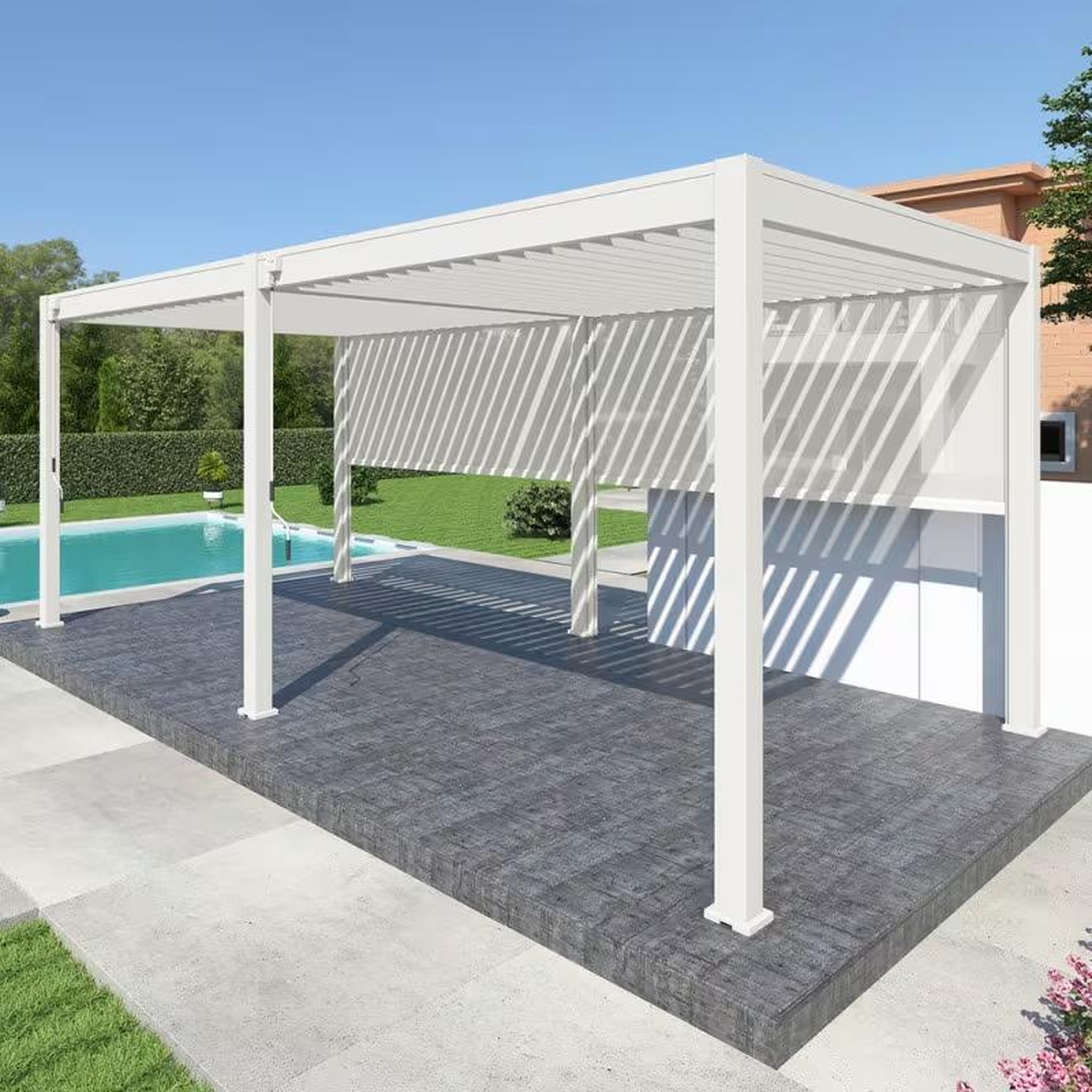 CENTRALE BRICO Pergola bioclimatique autoportante 6 x 3 m à lames orientables - aluminium blanc - 2 stores latéraux inclus