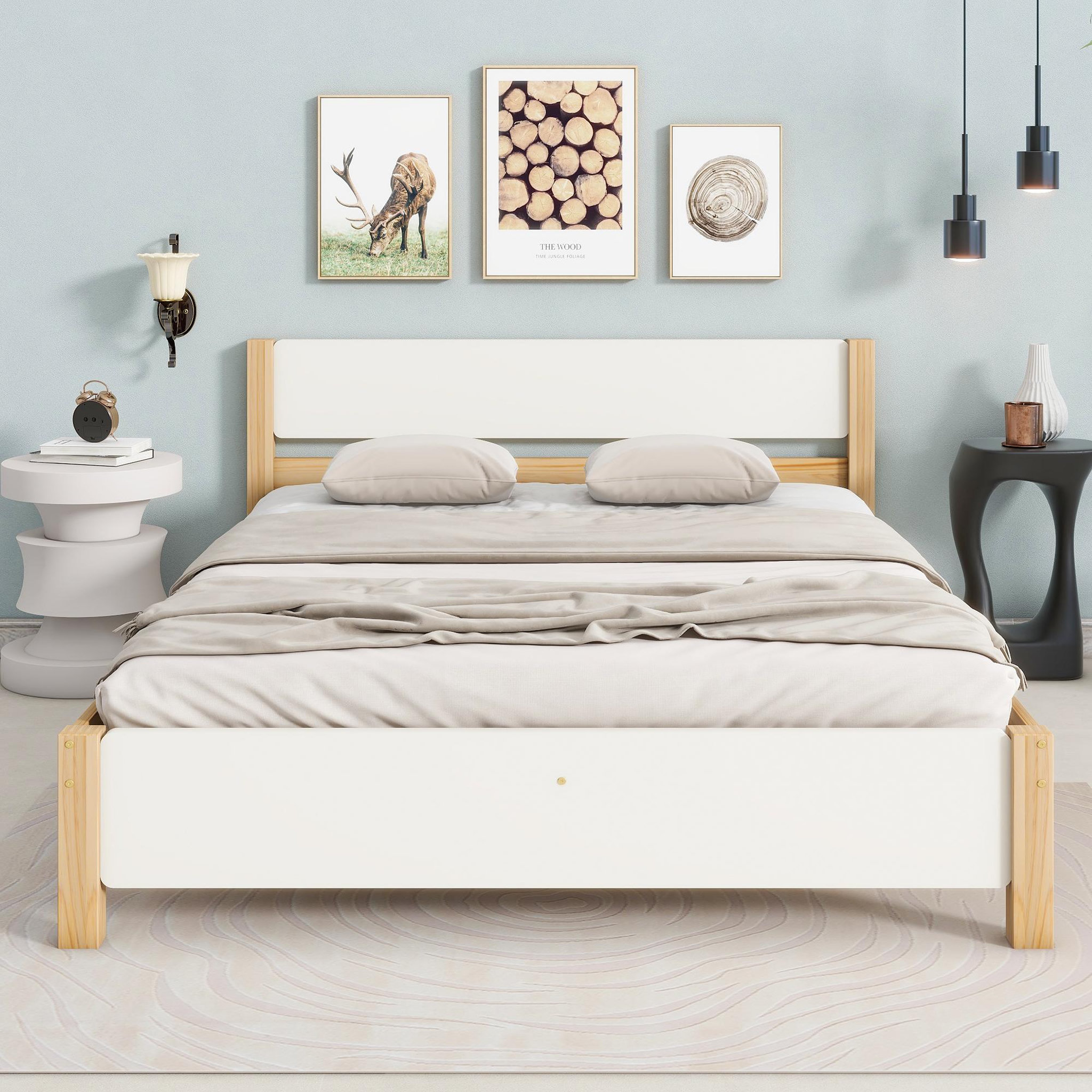 Voir la diapositive 2 : MERAX Lit 2 places 140x200cm bois et mdf coloris blanc+naturel