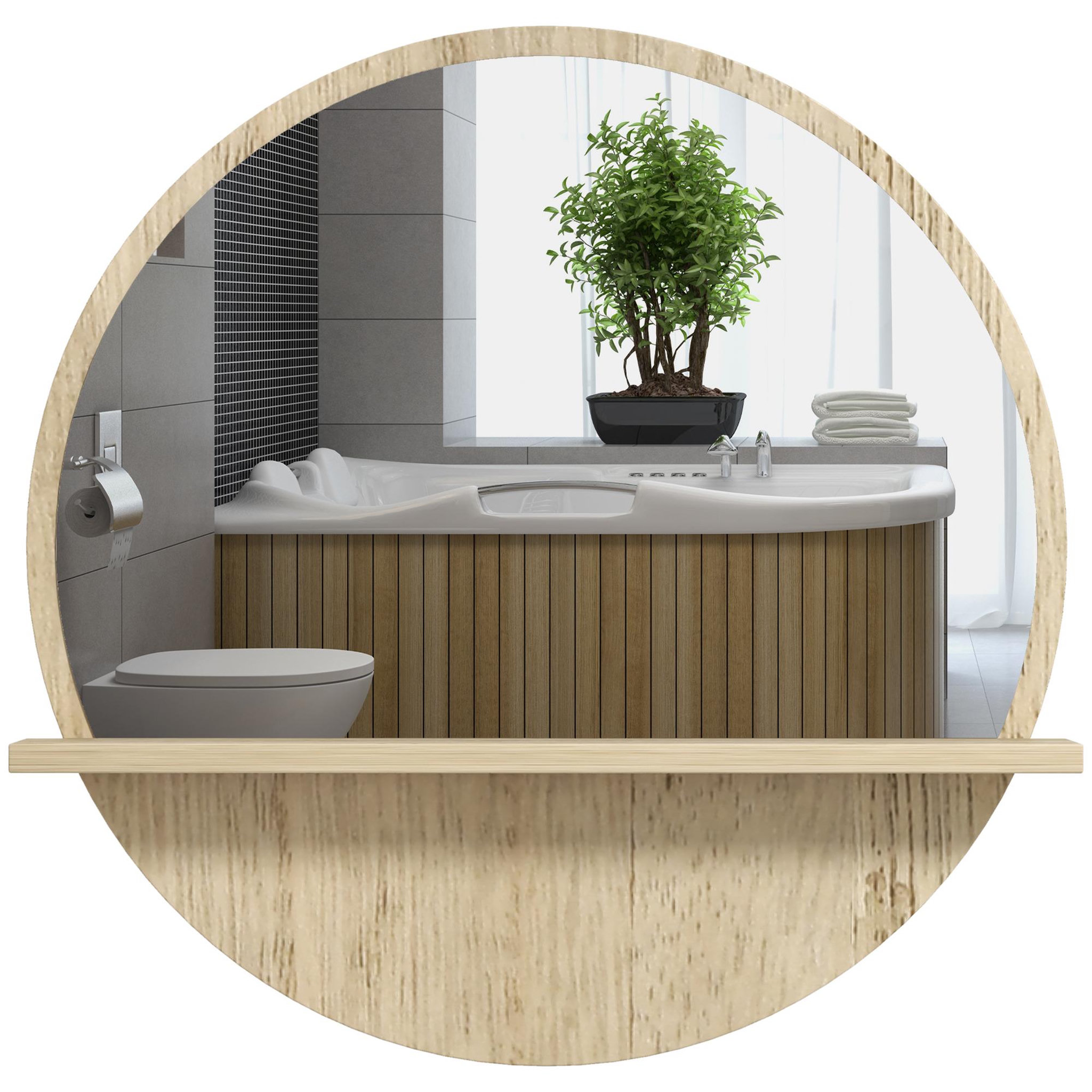 KLEANKIN Miroir rond mural de salle de bain style cosy avec étagère - Ø 45 cm - effet bois naturel