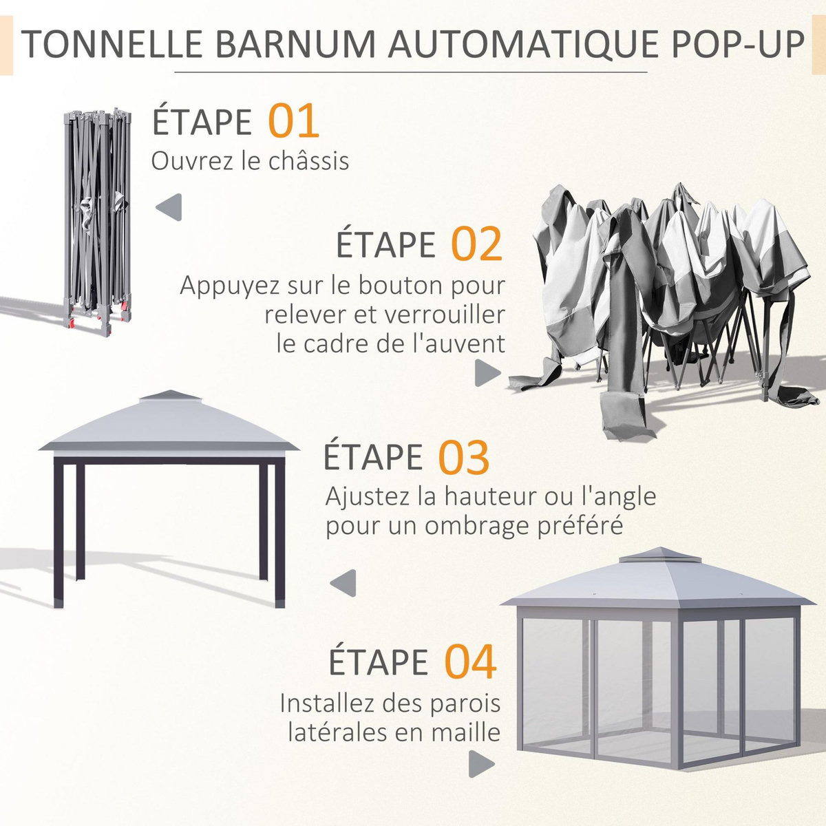 OUTSUNNY Tonnelle barnum de jardin pop-up pliant - dim. 3,30L x 3,30l x 2,88H m - hauteur réglable, double toit, sac transport - métal époxy, oxford, moustiquaires - gris