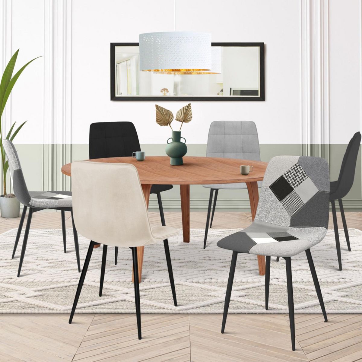 ID MARKET Lot de 6 chaises MILA en velours gris foncé, gris clair, beige, noir et patchworks noir, gris et blanc x2 pour salle à manger