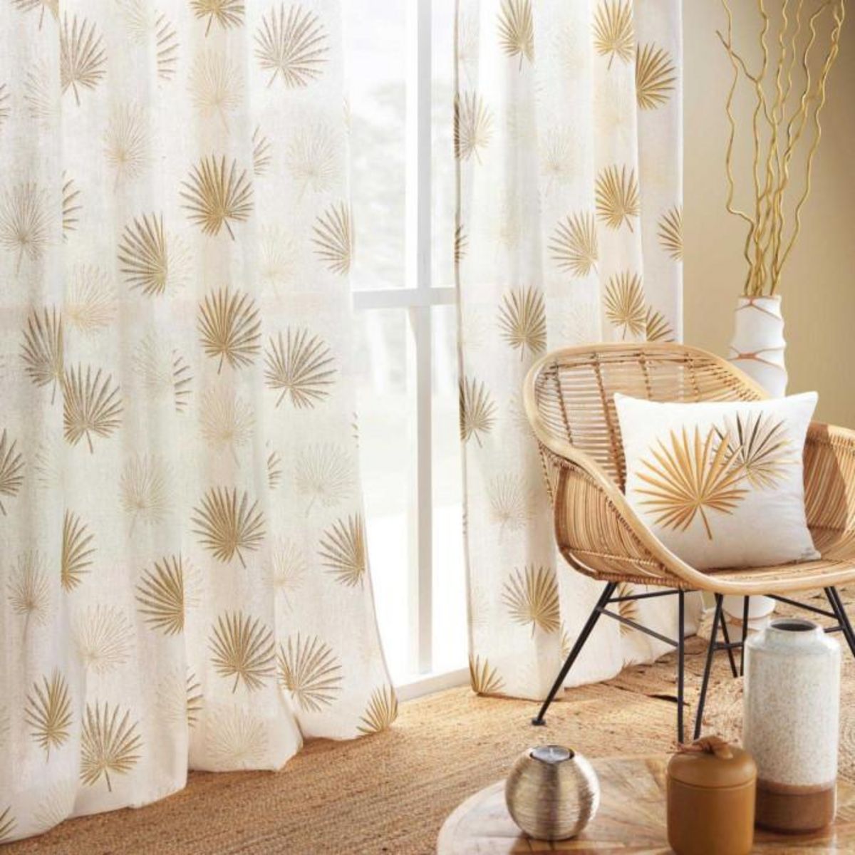 Paris Prix Rideau à Œillets Imprimé Métallisé  Lotus  140x240cm Ocre