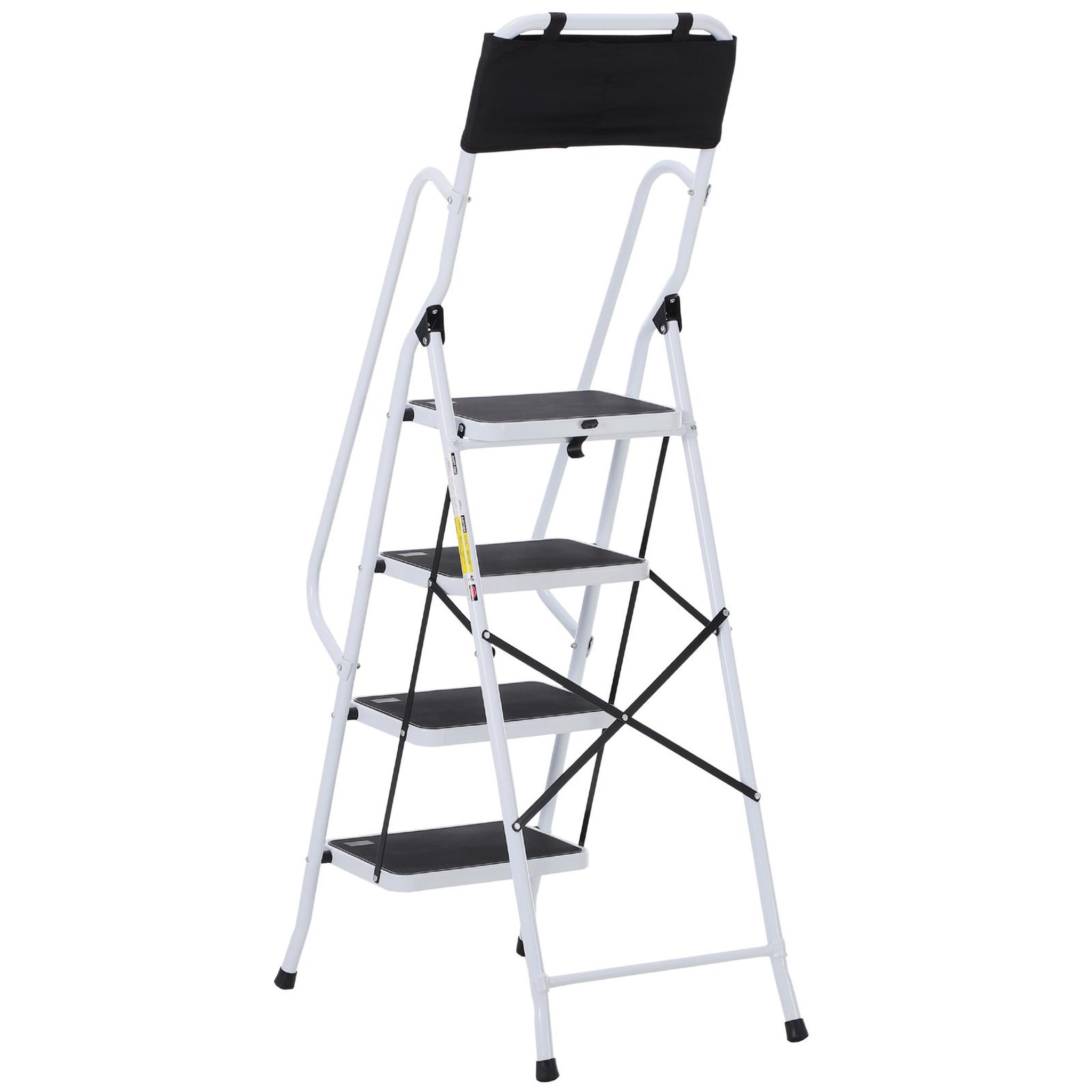 Voir la diapositive 5 : HOMCOM HOMCOM Escabeau pliable 4 marches XL antidérapantes double garde corps hauteur max. 1,55 m charge max. 150 Kg pochette outils intégrée acier blanc noir