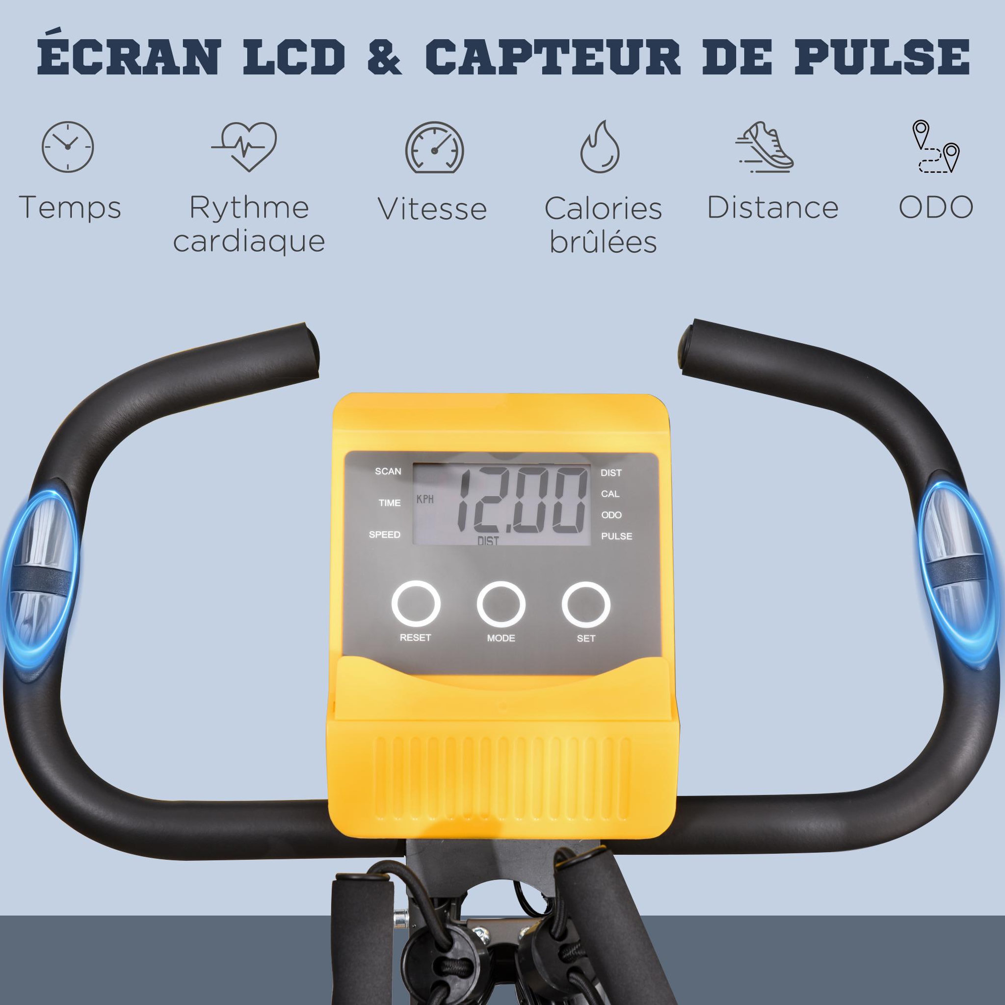 Voir la diapositive 4 : HOMCOM Vélo d'appartement pliant 8 niveaux de résistance magnétique dossier selle réglable poignées ergonomiques écran LCD multifonction suspensions support tablette acier