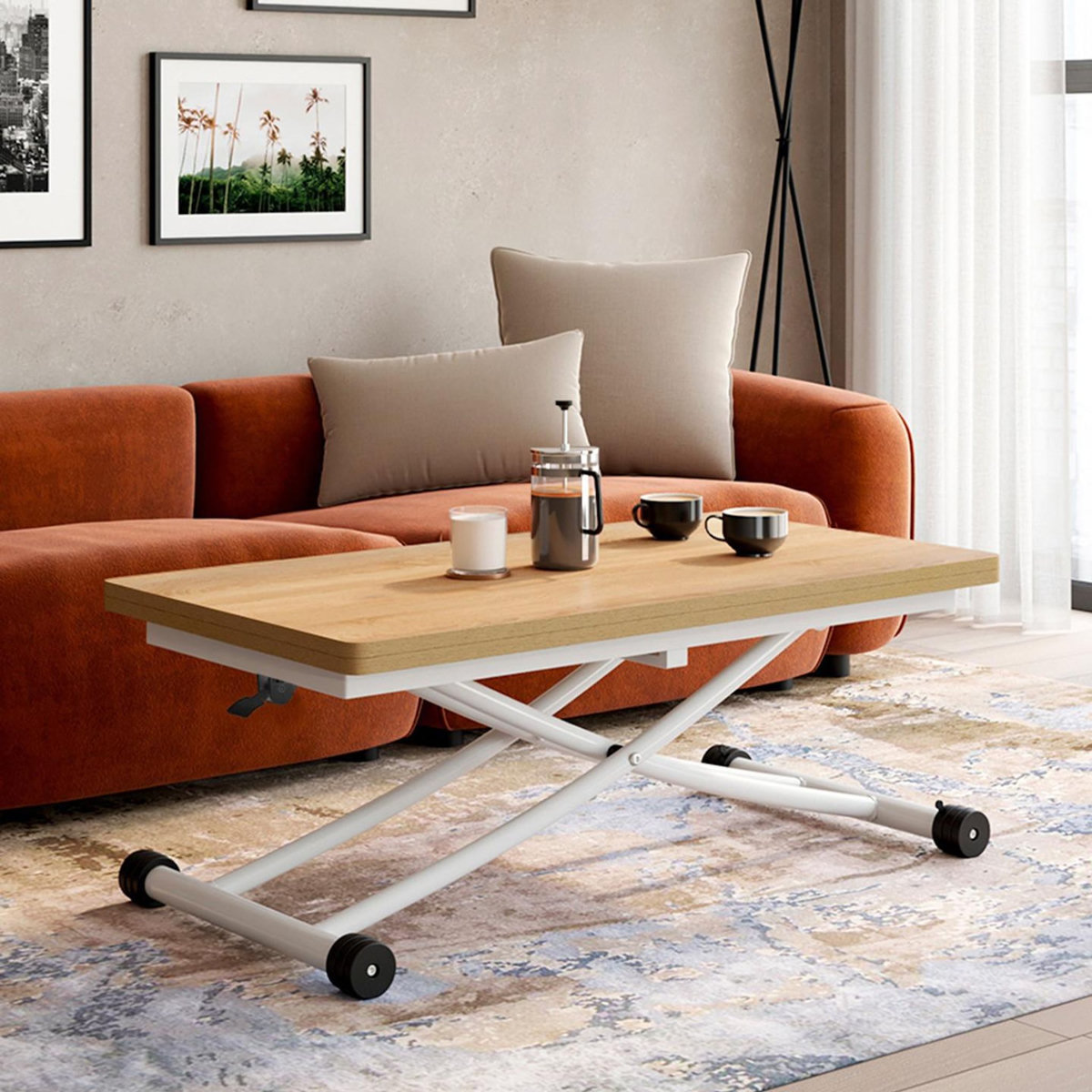 ID MARKET Table basse 2 en 1 relevable en table à manger rectangulaire URBANA 100 cm bois et blanc