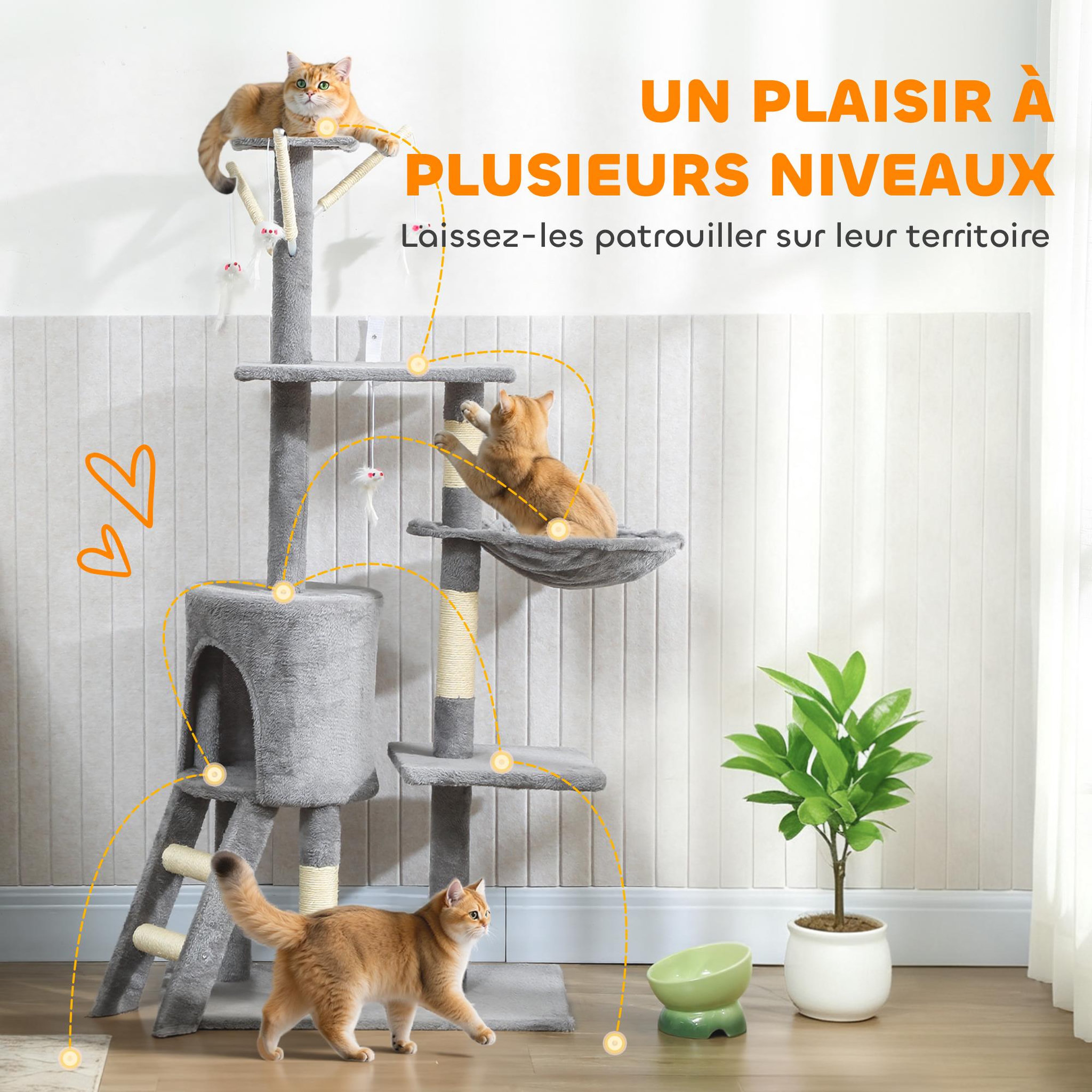 Voir la diapositive 4 : PAWHUT Arbre à chat multi-équipement griffoirs plateformes niche échelle hamac jouets gris