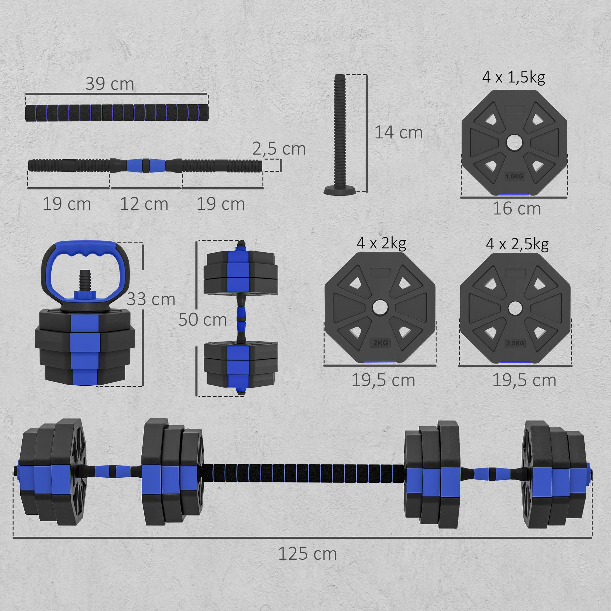 Voir la diapositive 3 : HOMCOM Ensemble d'haltères musculation multifonction 4 en 1 - haltères, kettlebell, push-up support, olympic barre - total 25kg - pvc bleu noir